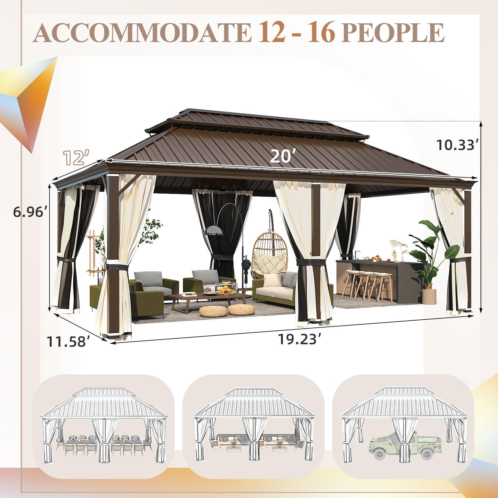 Homrest 12' x 20' Hardtop Gazebo with Aluminum Frame, Dark Gray