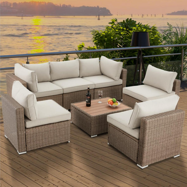Homrest 7 pieces outdoor rattan sectional sofa set with cushions and coffee table, beige