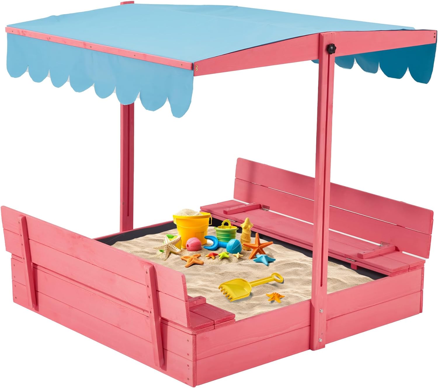 Homrest Kids Sandbox with Cover, Wooden with Height Adjustable Roof,for Aged 3-8, for Backyard, Beach, Lawn, Pink