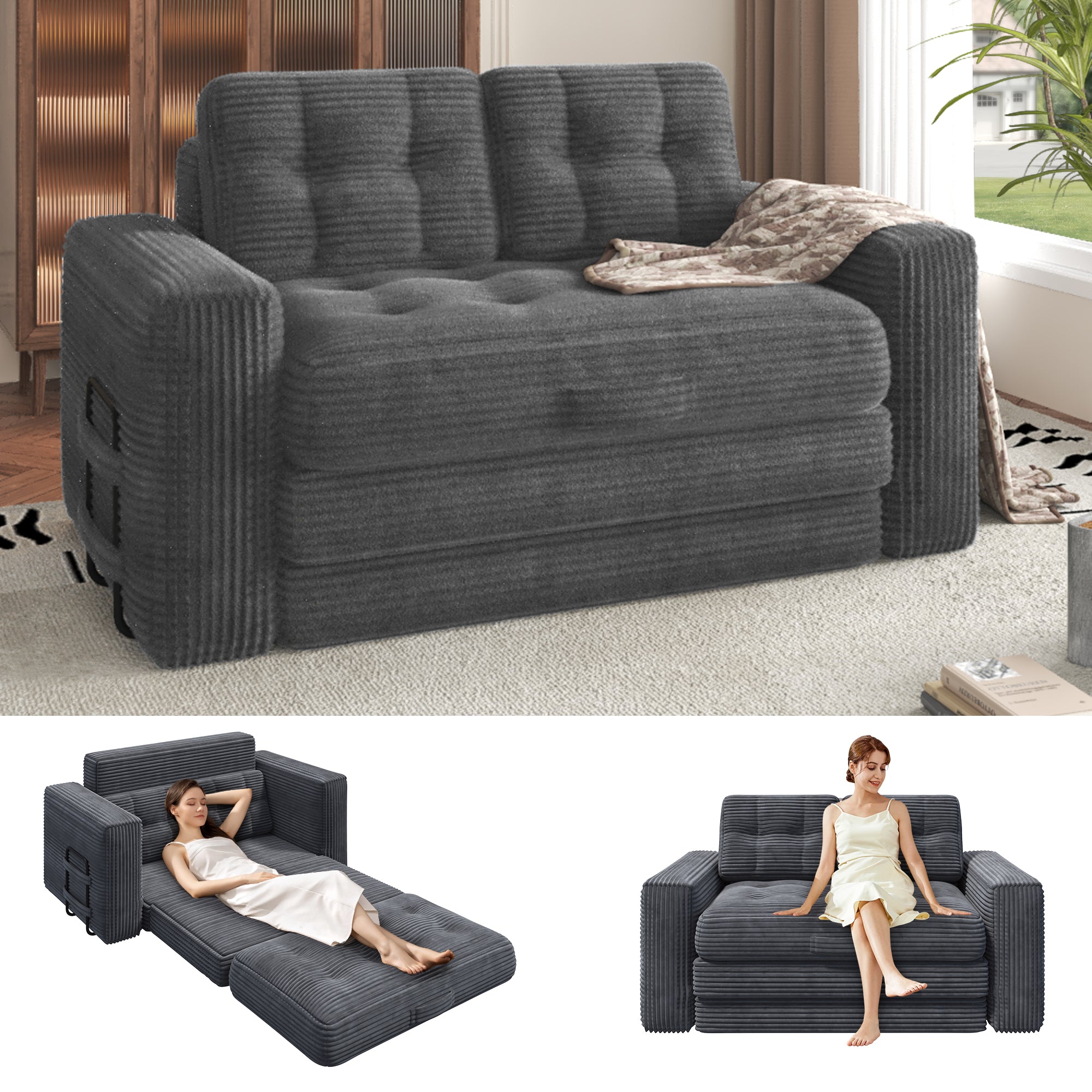 HOMREST No Assembly Needed Convertible Sofa Bed, 2 in 1 Boneless Couch Bed with 2 Pillows, Gray