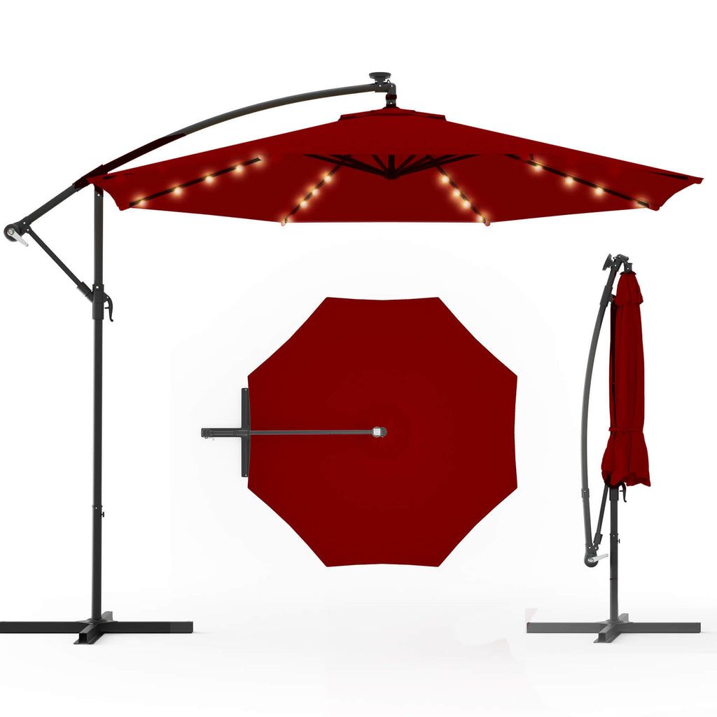 Homrest 10ft Solar Lighted Patio Umbrella, Infinite Tilt, Crank and Cross Base, Burgundy