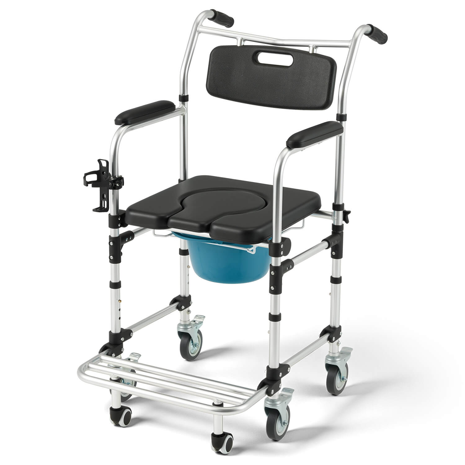 HOMREST 4-in-1 Bedside Commode Shower Wheelchair for Elderly and Disabled, Commode Chair with 4 Lockable Wheels, Detachable Bucket, Padded Seat and Armrests, Flip-Up Footrest, Black