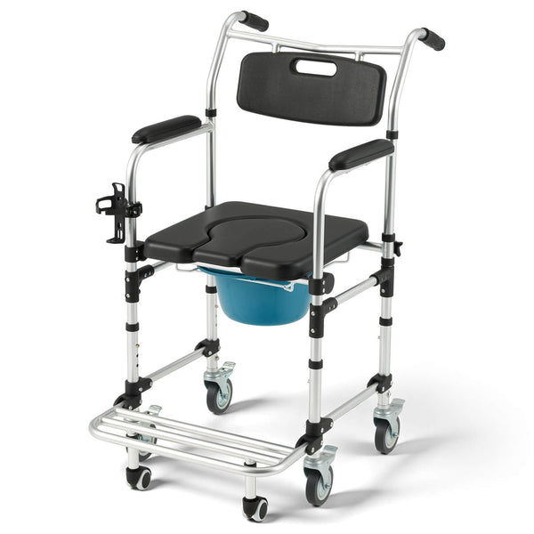 HOMREST 4-in-1 Bedside Commode Shower Wheelchair for Elderly and Disabled, Commode Chair with 4 Lockable Wheels, Detachable Bucket, Padded Seat and Armrests, Flip-Up Footrest, Black