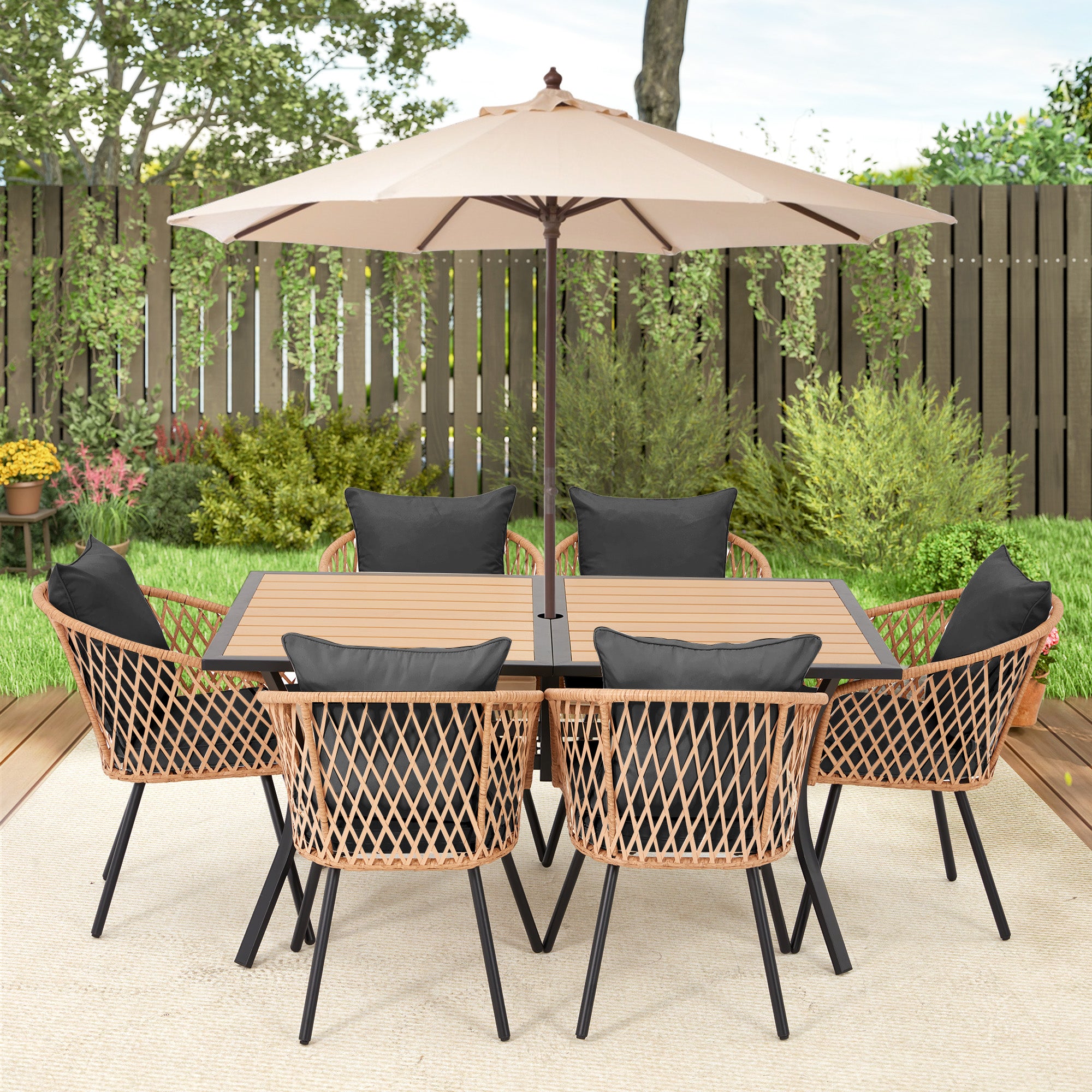 HOMREST 7-Piece Outdoor Dining Set – Rectangular Table with Umbrella Hole & 6 Rattan Chairs, Black