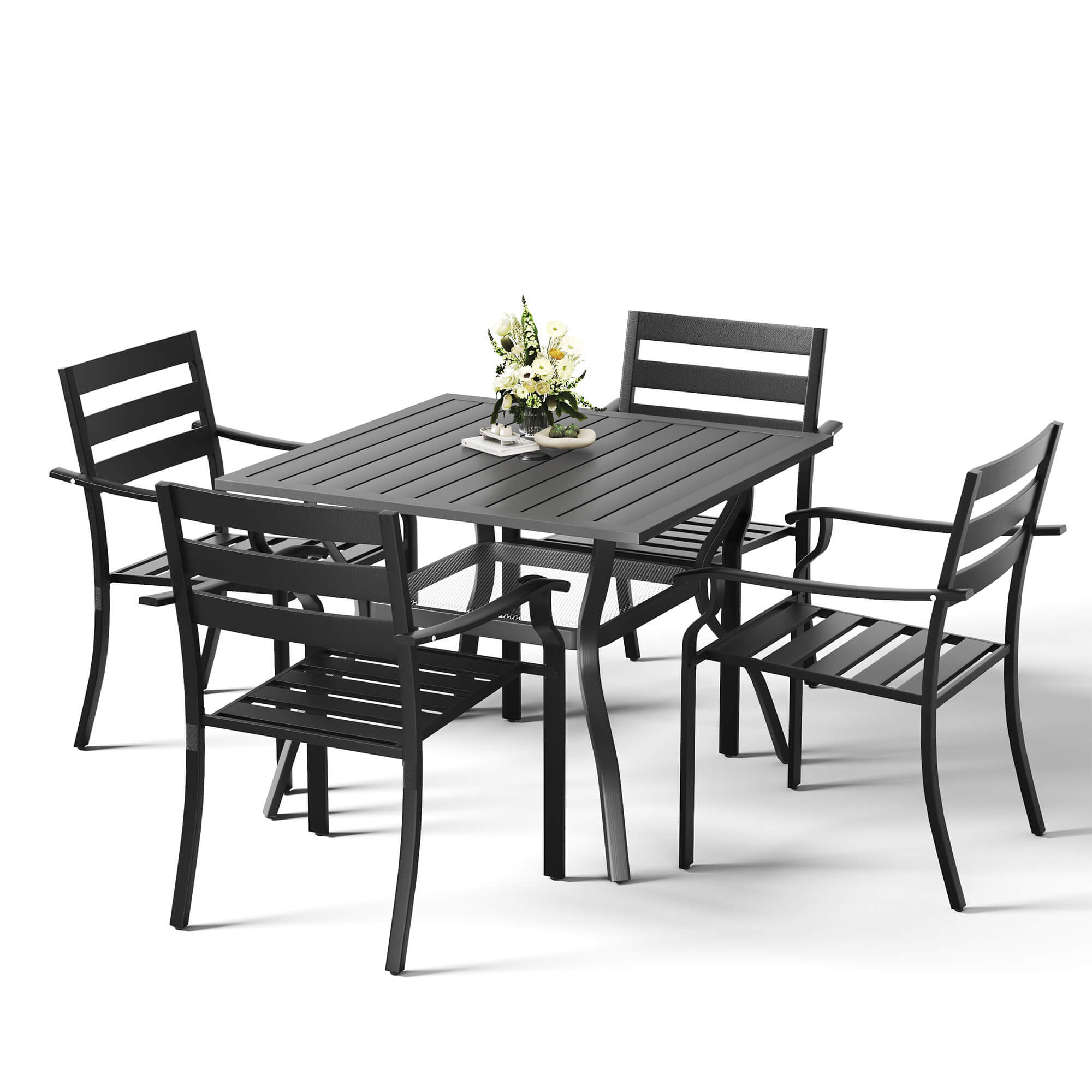 HOMREST 5-Piece Outdoor Patio Dining Set for 4, Square Metal Table with Umbrella Hole & Stackable Chairs