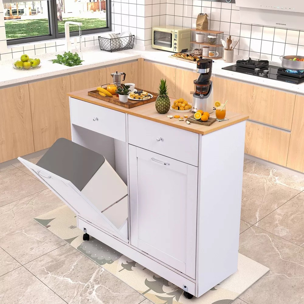 Homrest Double Tilt Trash Cabinet with 2 Drawers, Trash Cabinet with Storage on Wheels,white
