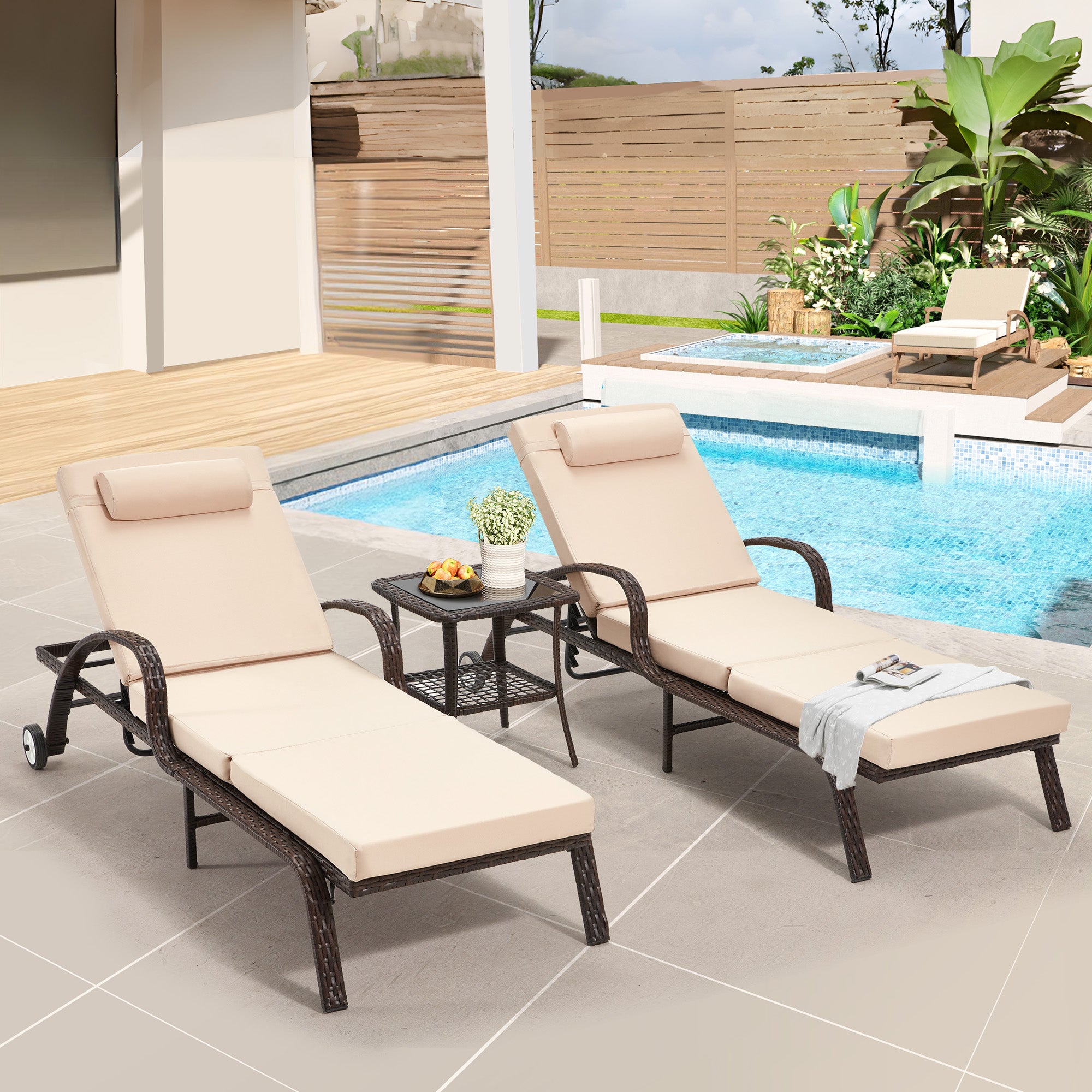 HOMREST 3-Piece Outdoor Chaise Lounge Set with Adjustable Chairs, Storage Table, Khaki