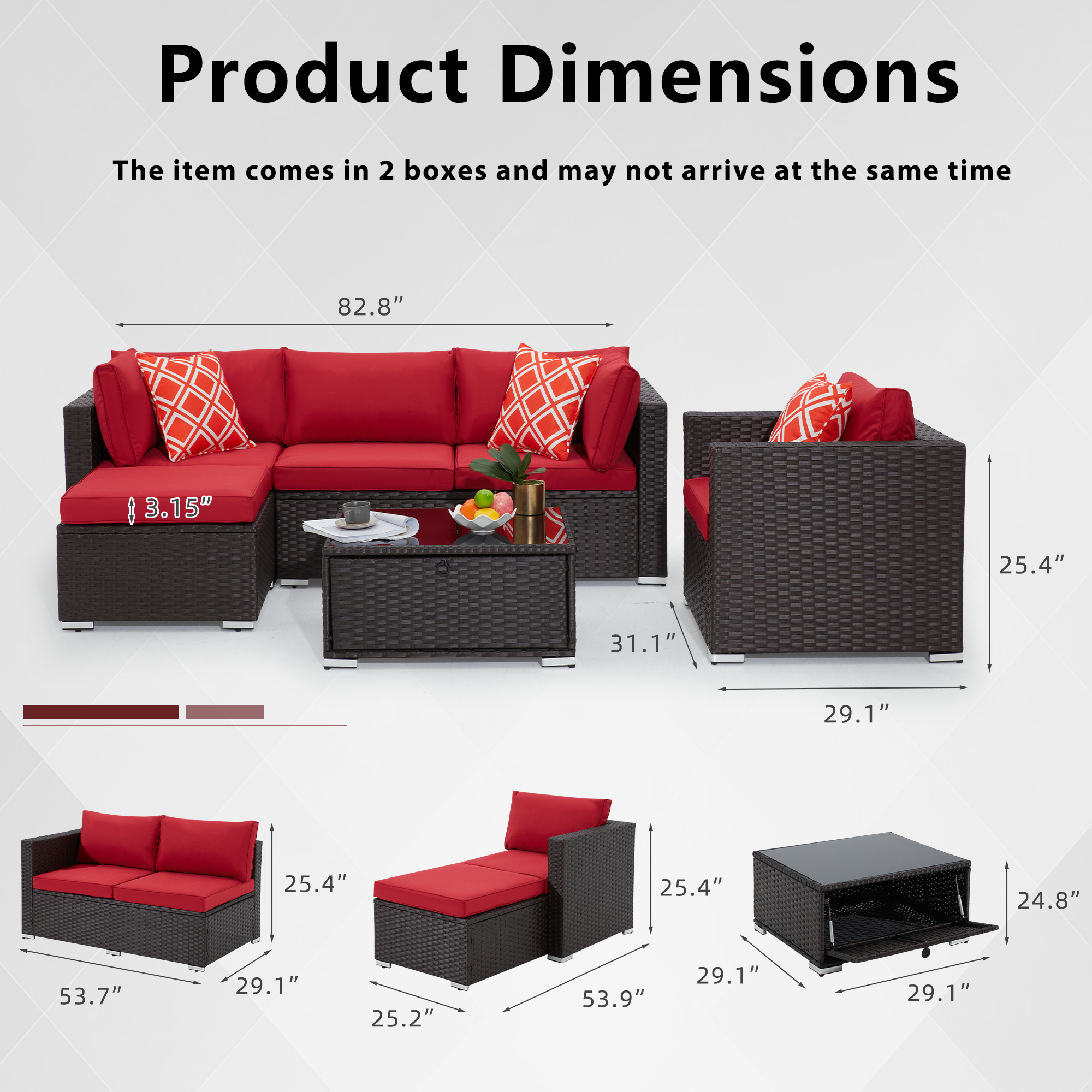 Dimensions of Homrest 4 pieces wicker rattan outdoor sectional sofa