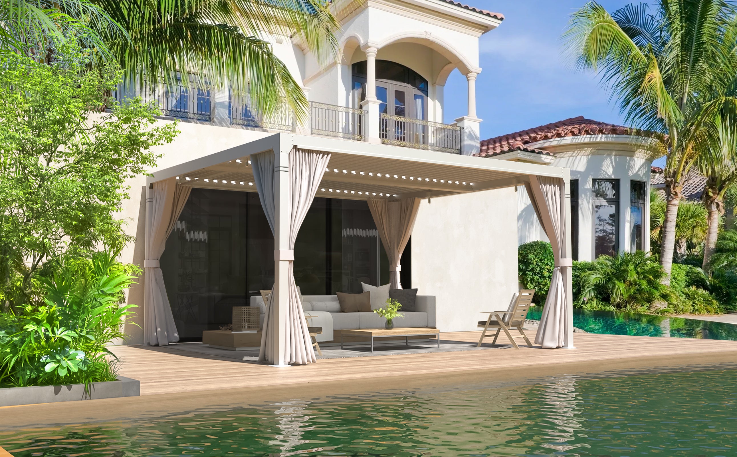 HOMREST Louvered Pergola 10x12 Outdoor Hard Top Pergola with Aluminum Frame and Adjustable Metal Rainproof Roof for Garden & Patio, Curtains and Netting Included, White