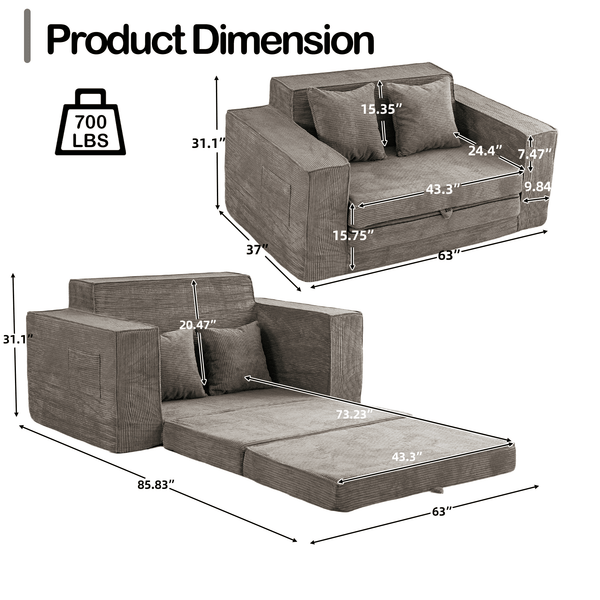 HOMREST 63 inch Convertible Memory Foam Loveseat Sofa, Pull Out Sleeper Sofa Bed, 2 in 1 Upholstered Boneless Couch with 2 Pillows for Living Room Bedroom Lounge, Grey