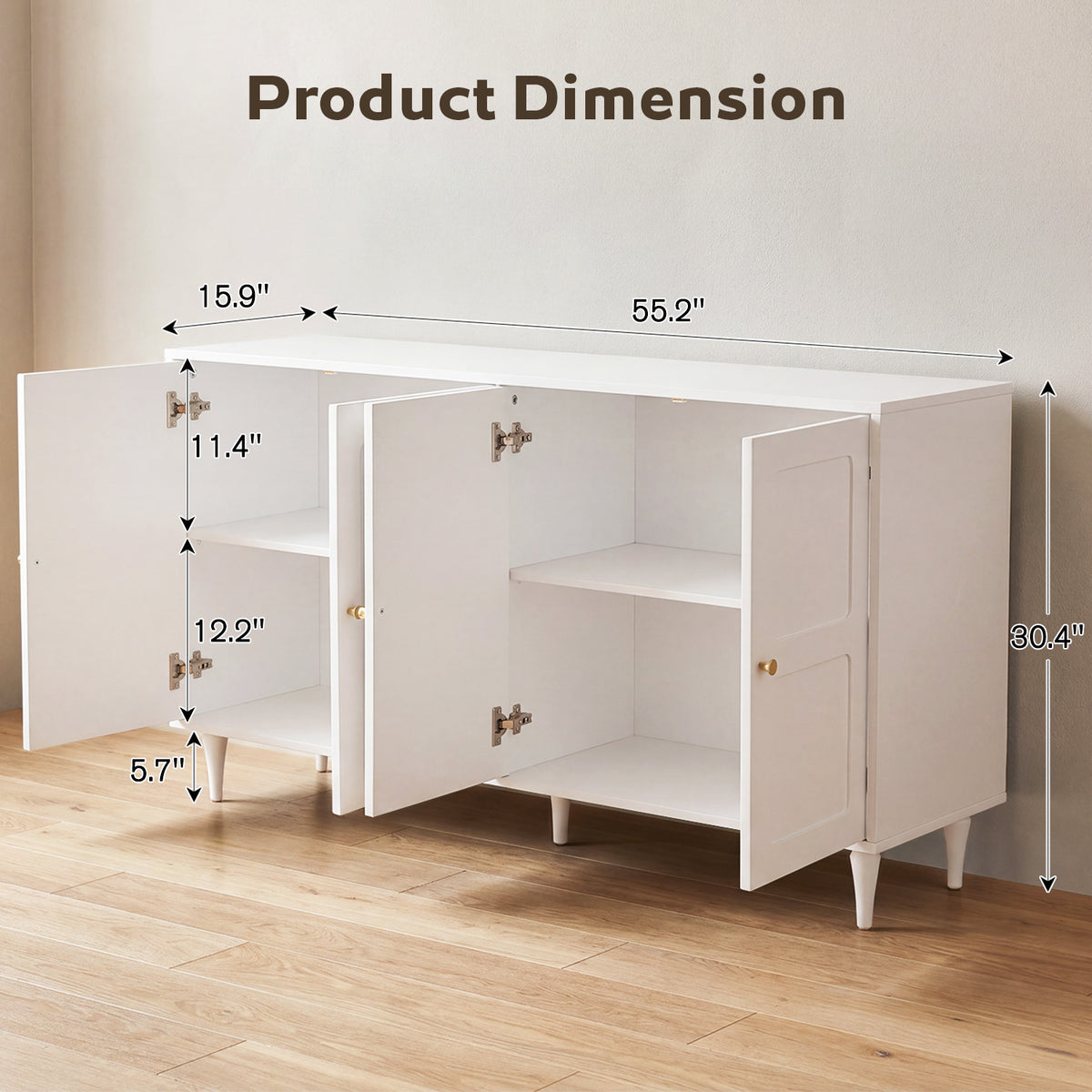 HOMREST Storage Cabinet with 4 Doors and Adjustable Shelves, Sideboard, White