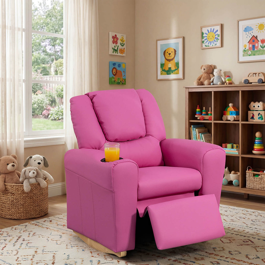 HOMREST Kids Recliner Chair with Cup Holder, Leather Toddler Recliner with Adjustable Backrest, Curved Rocking Legs and Comfy Armrests, Pink