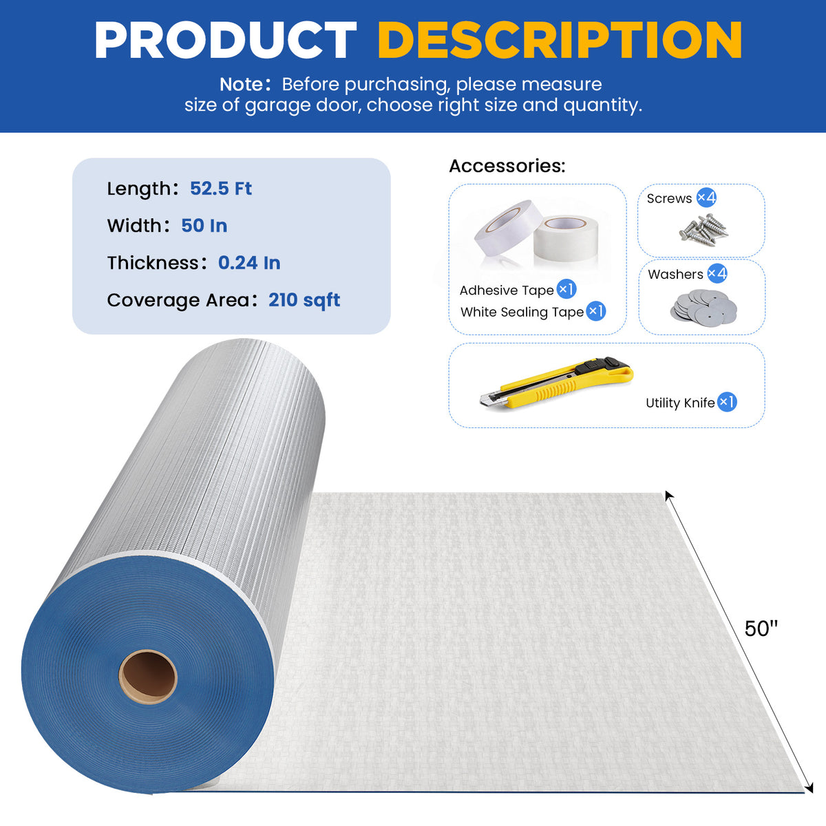 HOMREST 50 in x 52.5 ft Garage Door Insulation Kit, Reflective Radiant Barrier for Year-Round Temperature Control, Easy DIY Installation, Covers 210 Sq Ft