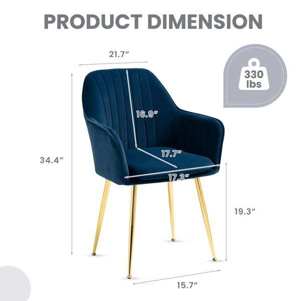 HOMREST Modern Living Dining Room Accent Arm Chairs Set of 2, Velvet Mid-Century Upholstered Seat Club Guest with Golden Legs, Blue