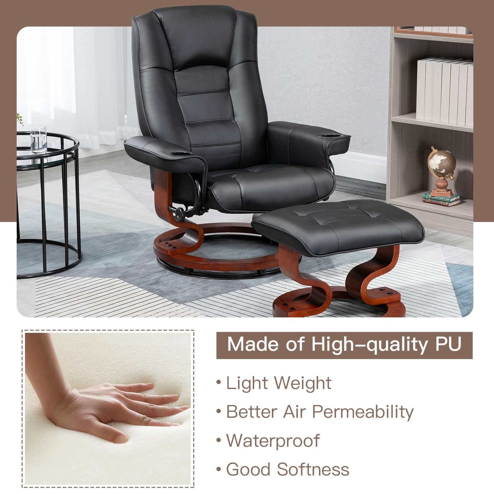 Homrest Recliner with Ottoman, Wood Base & Adjustable Back, Faux Leather Swivel Reclining Chair with Footrest for Living Room and Bedroom, Black