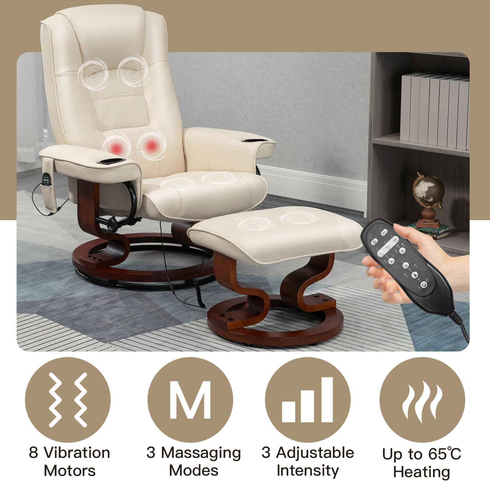 Homrest Reclining Chair with Vibration Massage Faux Leather Recliner with Ottoman Swivel Wood Recliner Chairs for Living Room, Beige
