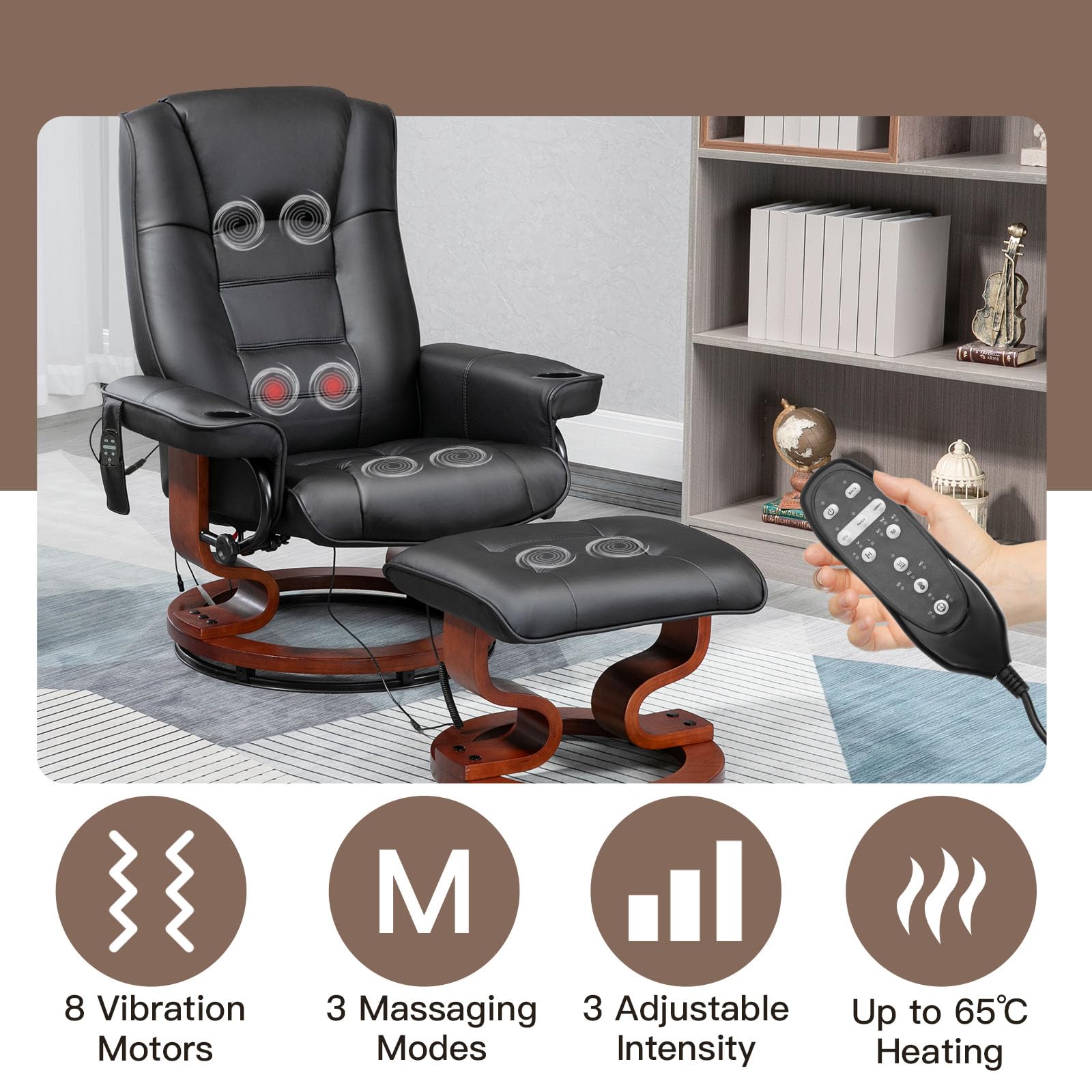 Homrest Reclining Chair with Vibration Massage Faux Leather Recliner with Ottoman Swivel Wood Recliner Chairs for Living Room, Black