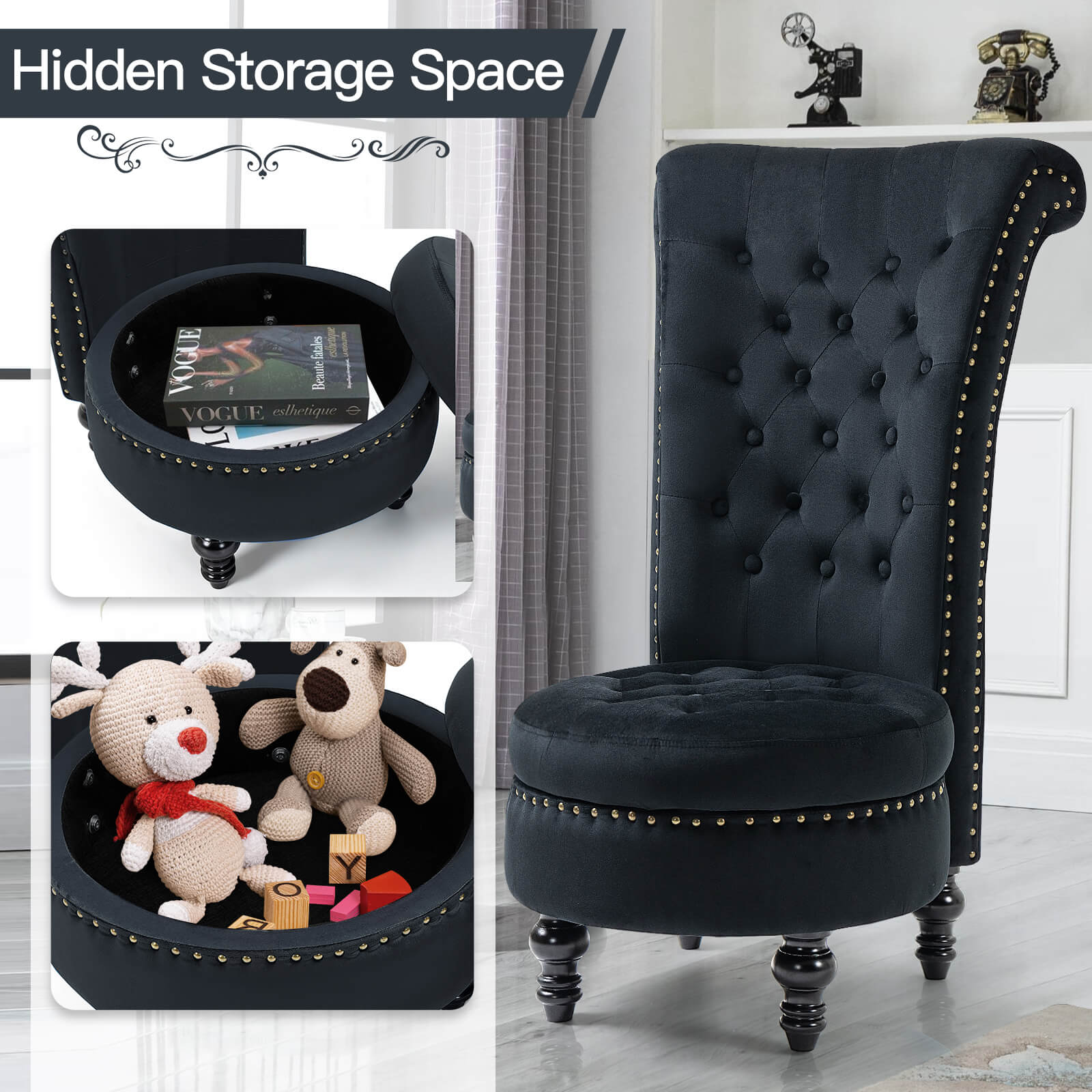 Homrest Throne High-Back Velvet Accent Chair with Storage – Black