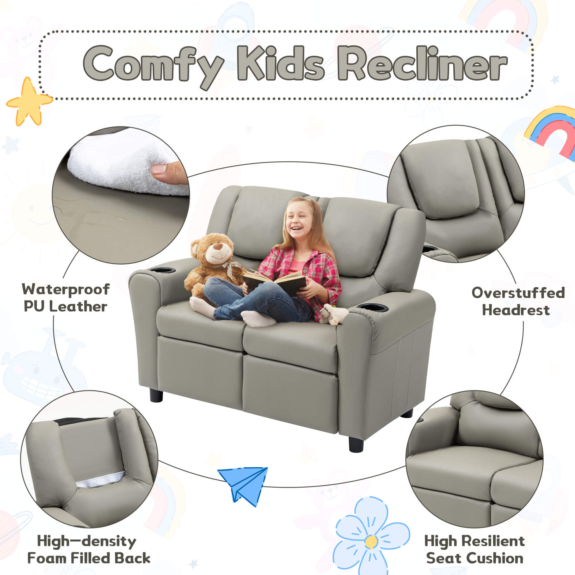 HOMREST Kids Recliner Chair, Double Kids Sofa Chair w/Cup Holder PU Leather, Toddler Loveseat Couch w/Adjustable Footrest & Headres for Boys Girls 3+ Age Group, Grey