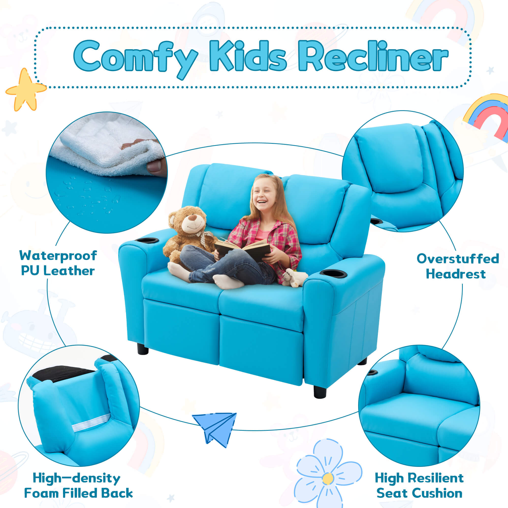 HOMREST Kids Recliner Chair, Double Kids Sofa Chair w/Cup Holder PU Leather, Toddler Loveseat Couch w/Adjustable Footrest & Headres for Boys Girls 3+ Age Group, Blue