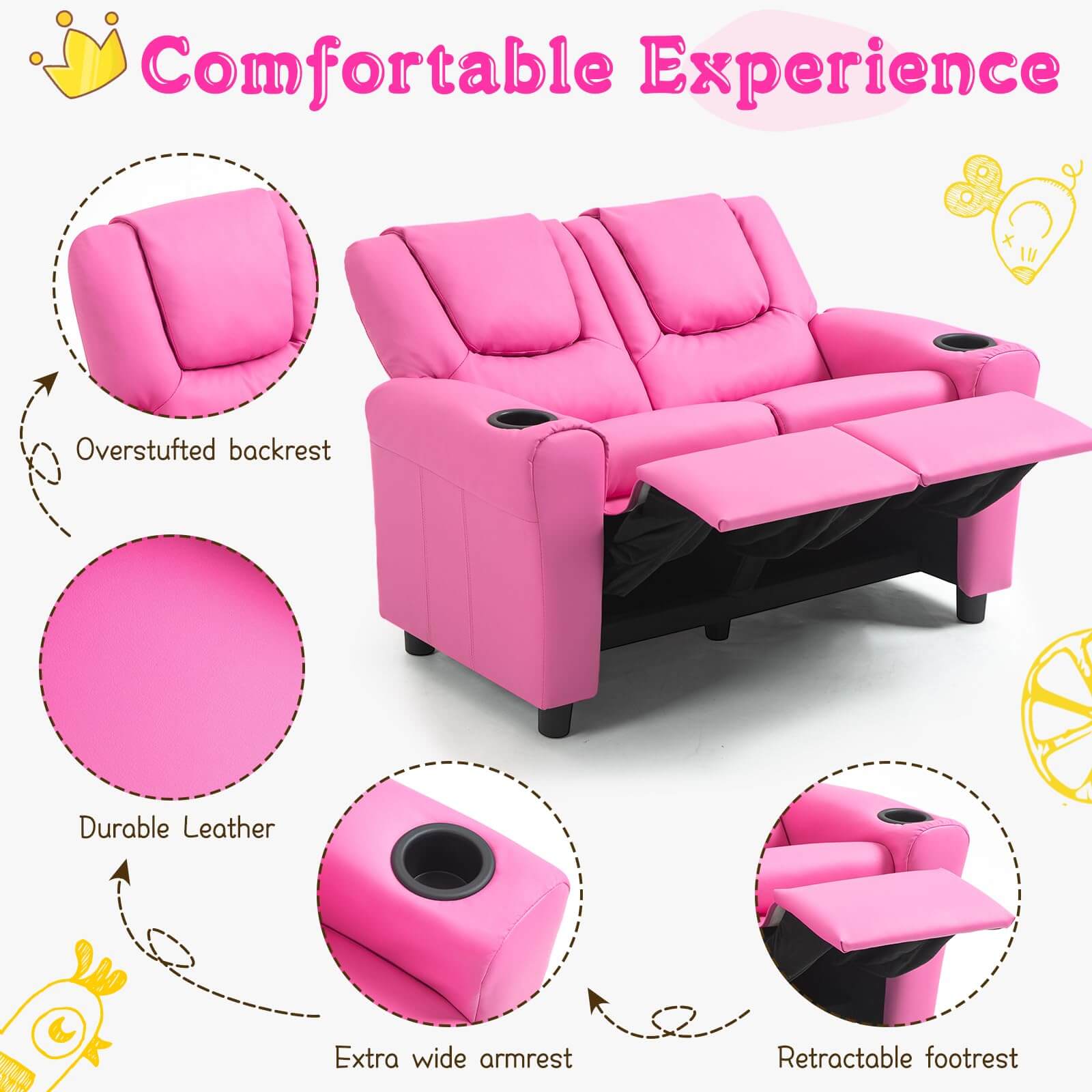 HOMREST Kids Recliner Chair, Double Kids Sofa Chair w/Cup Holder PU Leather, Toddler Loveseat Couch w/Adjustable Footrest & Headres for Boys Girls 3+ Age Group, Pink