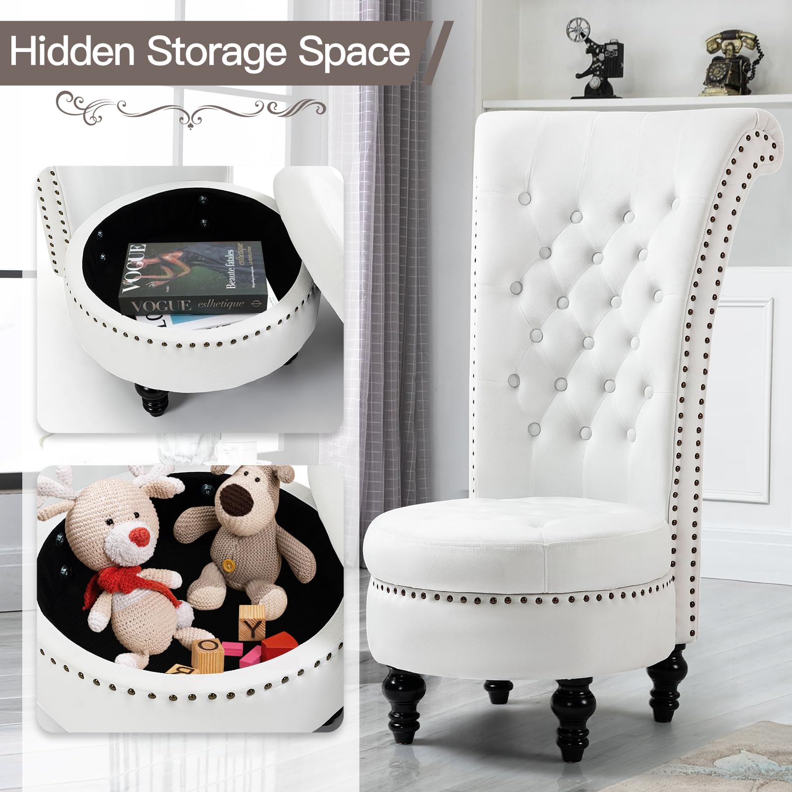 Homrest Throne High-Back Velvet Accent Chair with Storage – White
