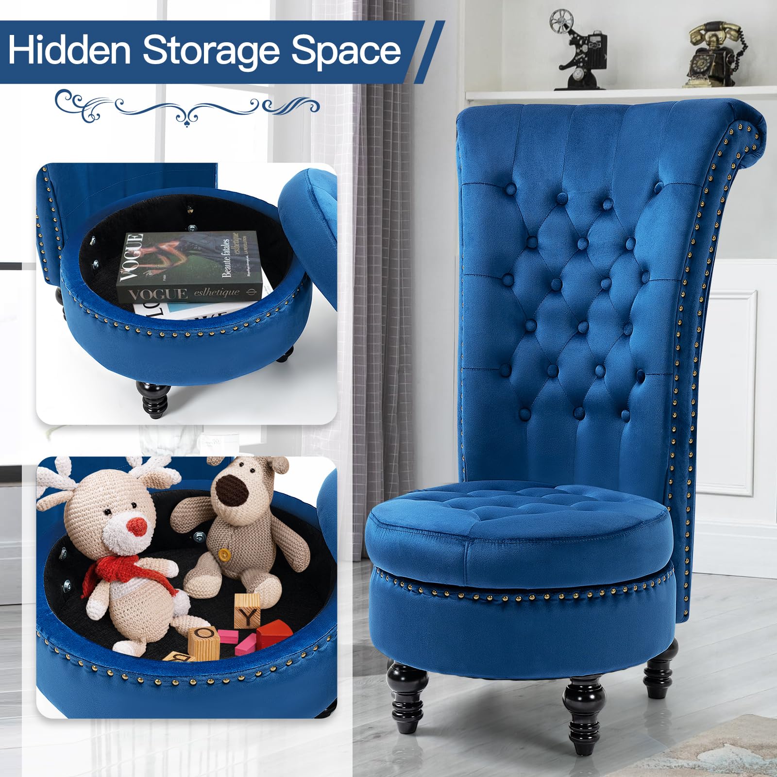 Homrest Throne High-Back Velvet Accent Chair with Storage – Blue