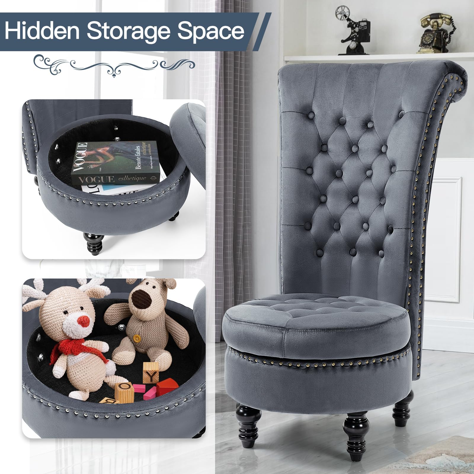 Homrest Throne High-Back Velvet Accent Chair with Storage – Grey