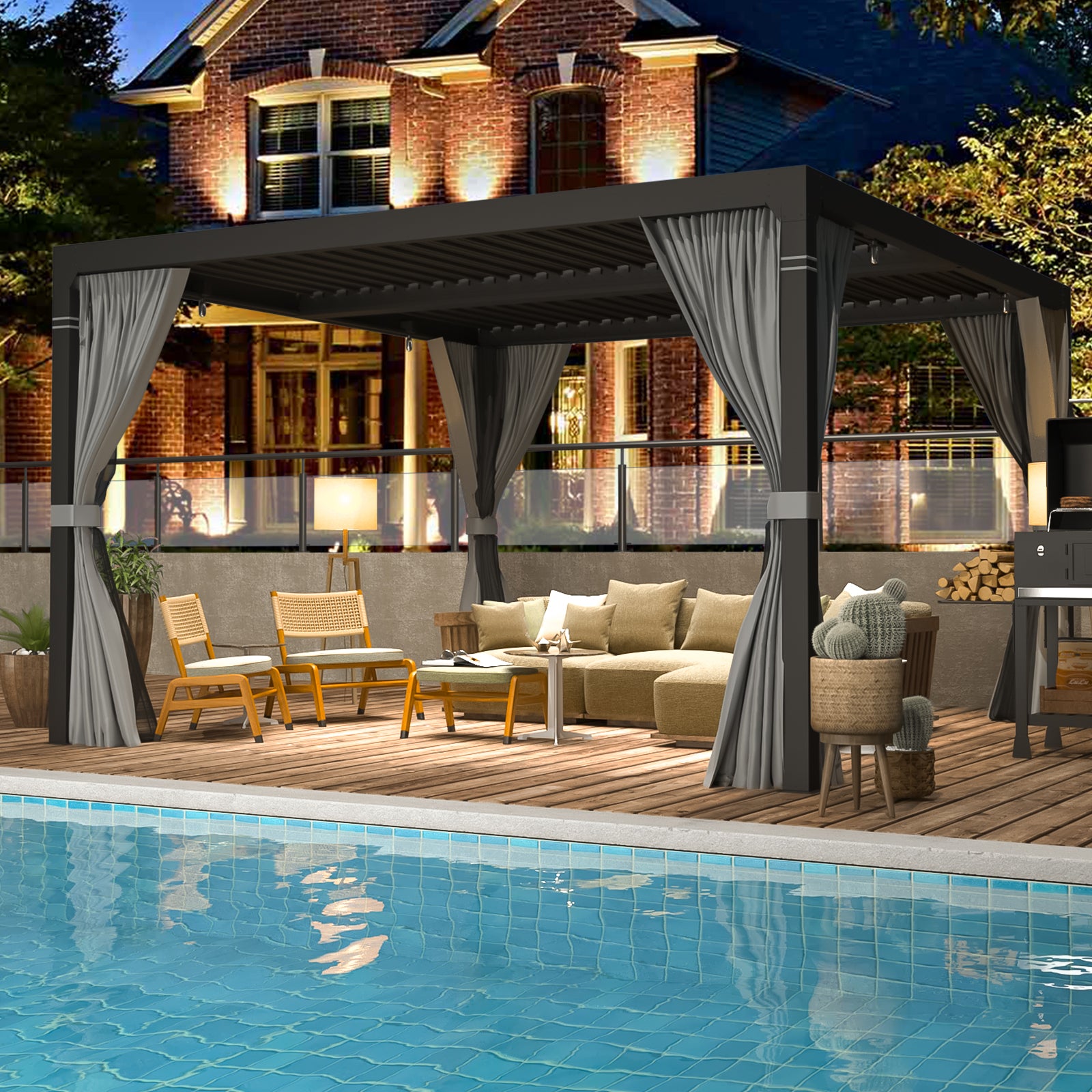 HOMREST Louvered Pergola 10x10 Outdoor Hard Top Pergola with Aluminum Frame, Gray-Black