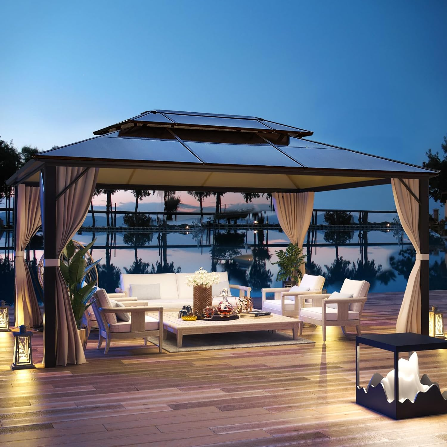 Homrest 12' x 16' Patio Hardtop Gazebos Canopy Polycarbonate Double-Roof w/ Netting & Curtains