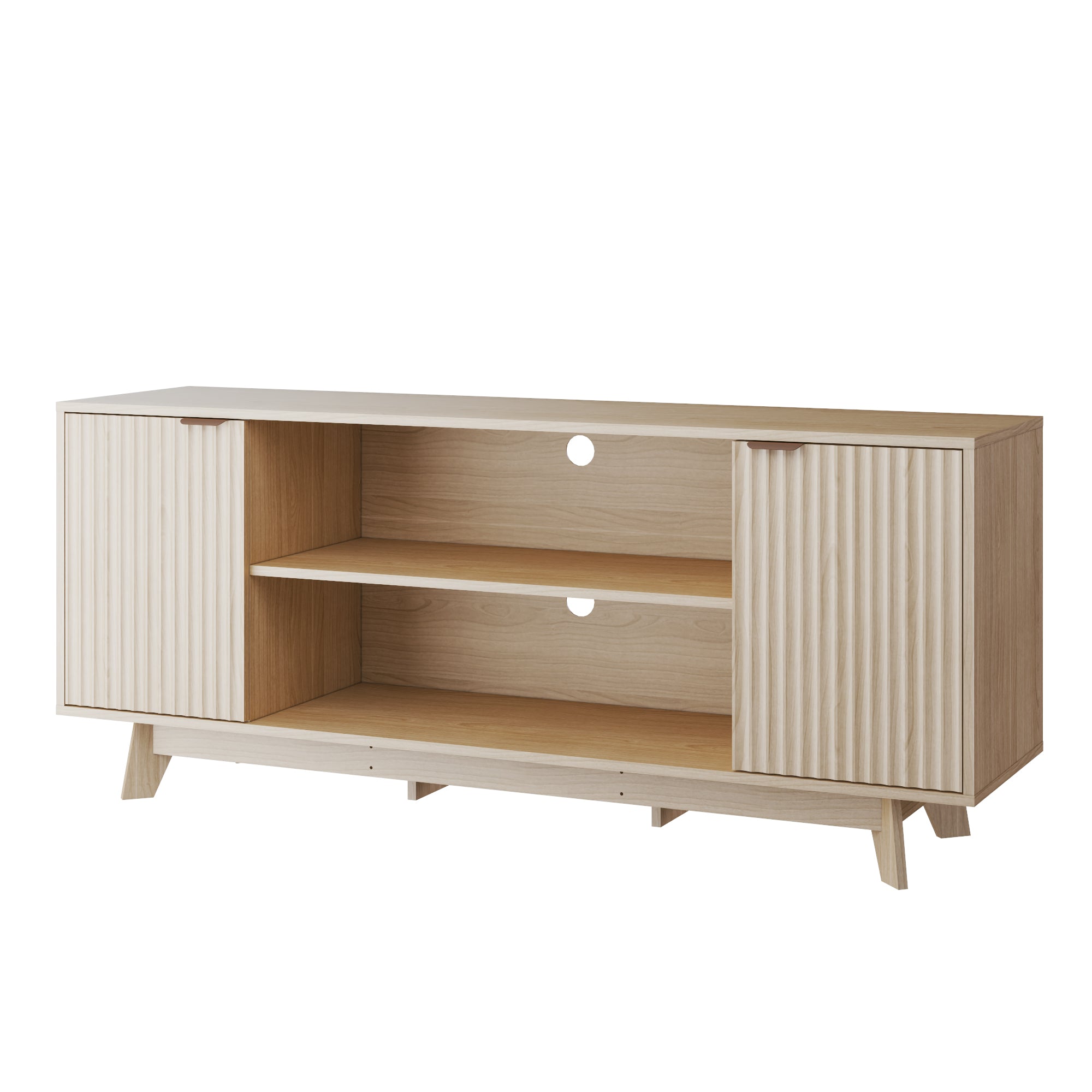 HOMREST Large TV Table with Fluted Door Cabinets and Open Shelves, TV Stand for Living Room, Bedroom, Dining Room