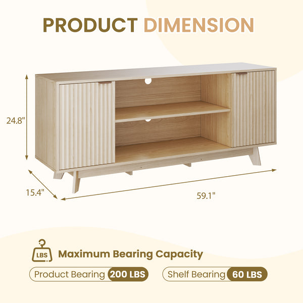 HOMREST Large TV Table with Fluted Door Cabinets and Open Shelves, TV Stand for Living Room, Bedroom, Dining Room