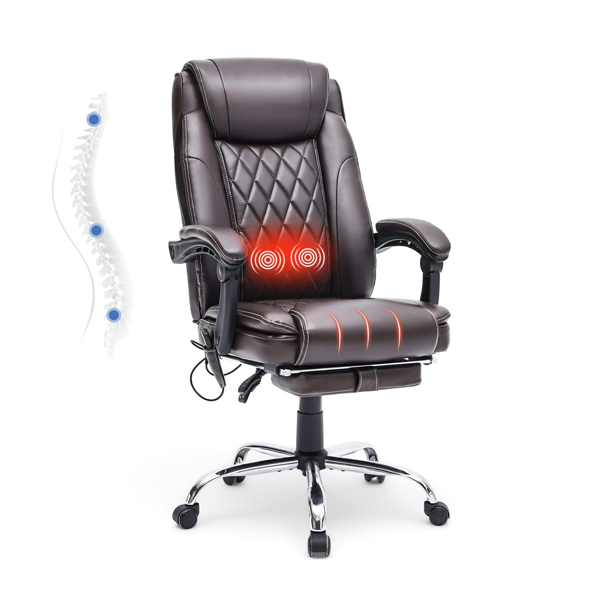 Ergonomic Executive PU Leather Adjustable Height Massage and Heated Office Chair, Brown