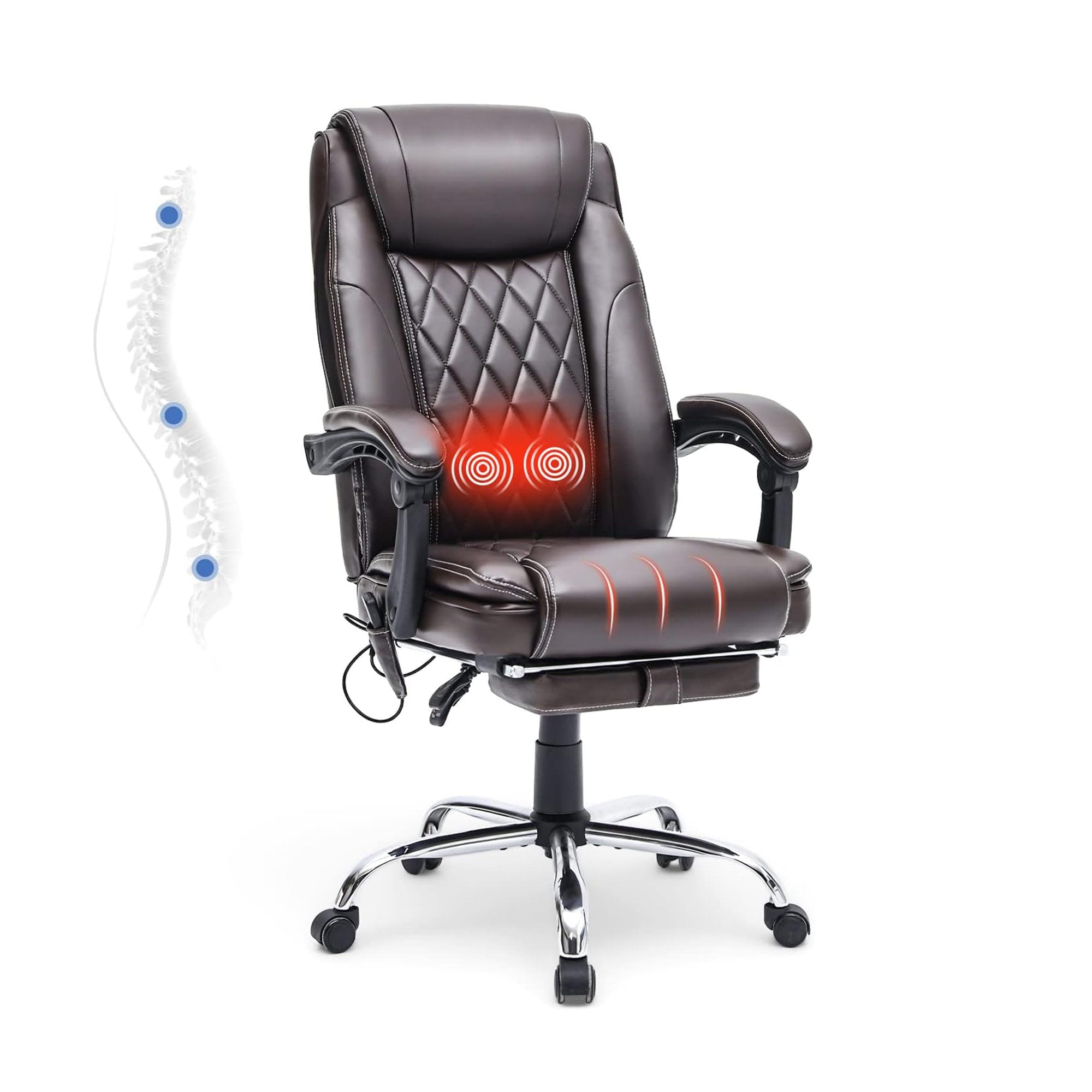Ergonomic Executive PU Leather Adjustable Height Massage and Heated Office Chair, Brown