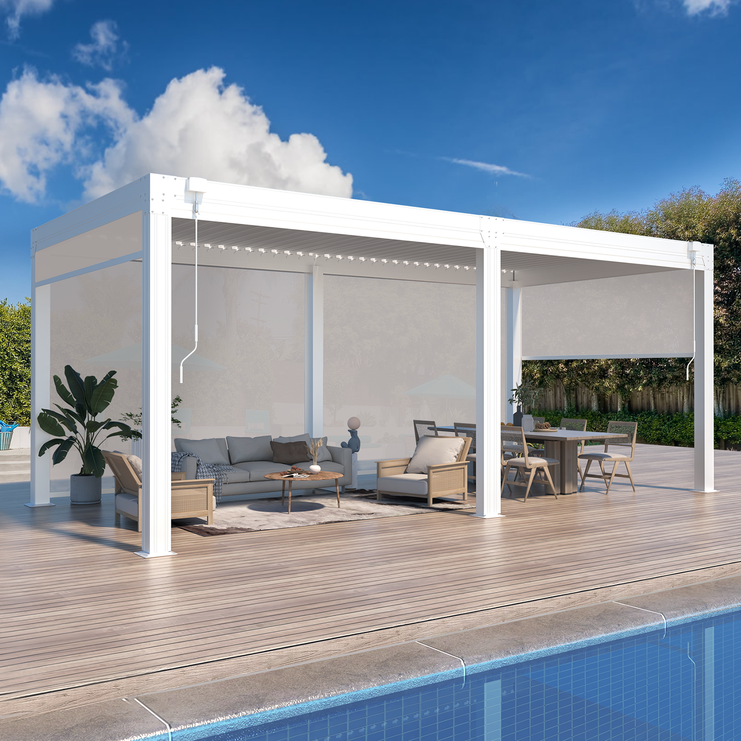 HOMREST 10x20FT Louvered Pergola with 6-Panel Pull-Down Screen, White