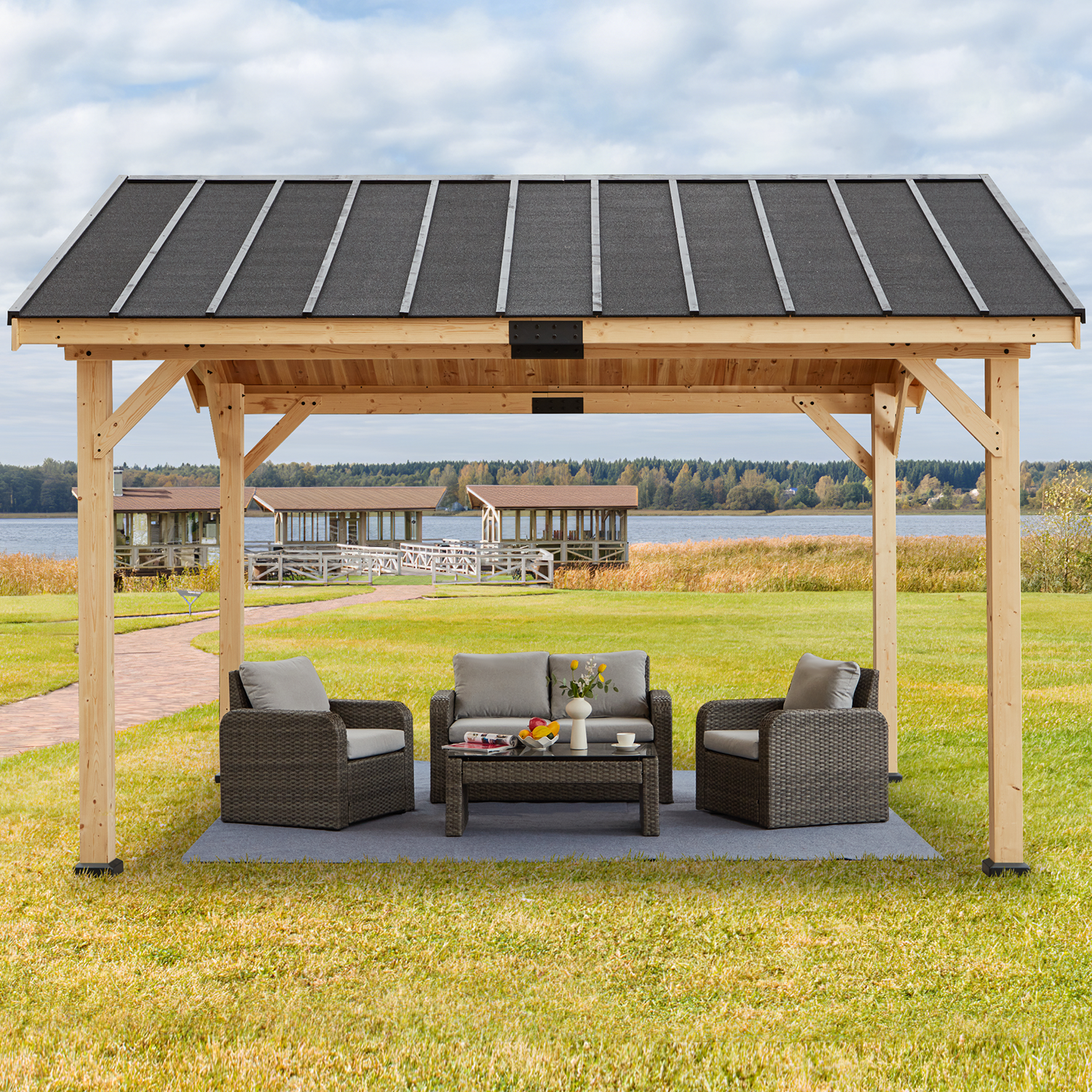 Homrest 12' x 15' Hardtop Gazebo, Solid Spruce Wood Gazebo with Waterproof Asphalt Roof