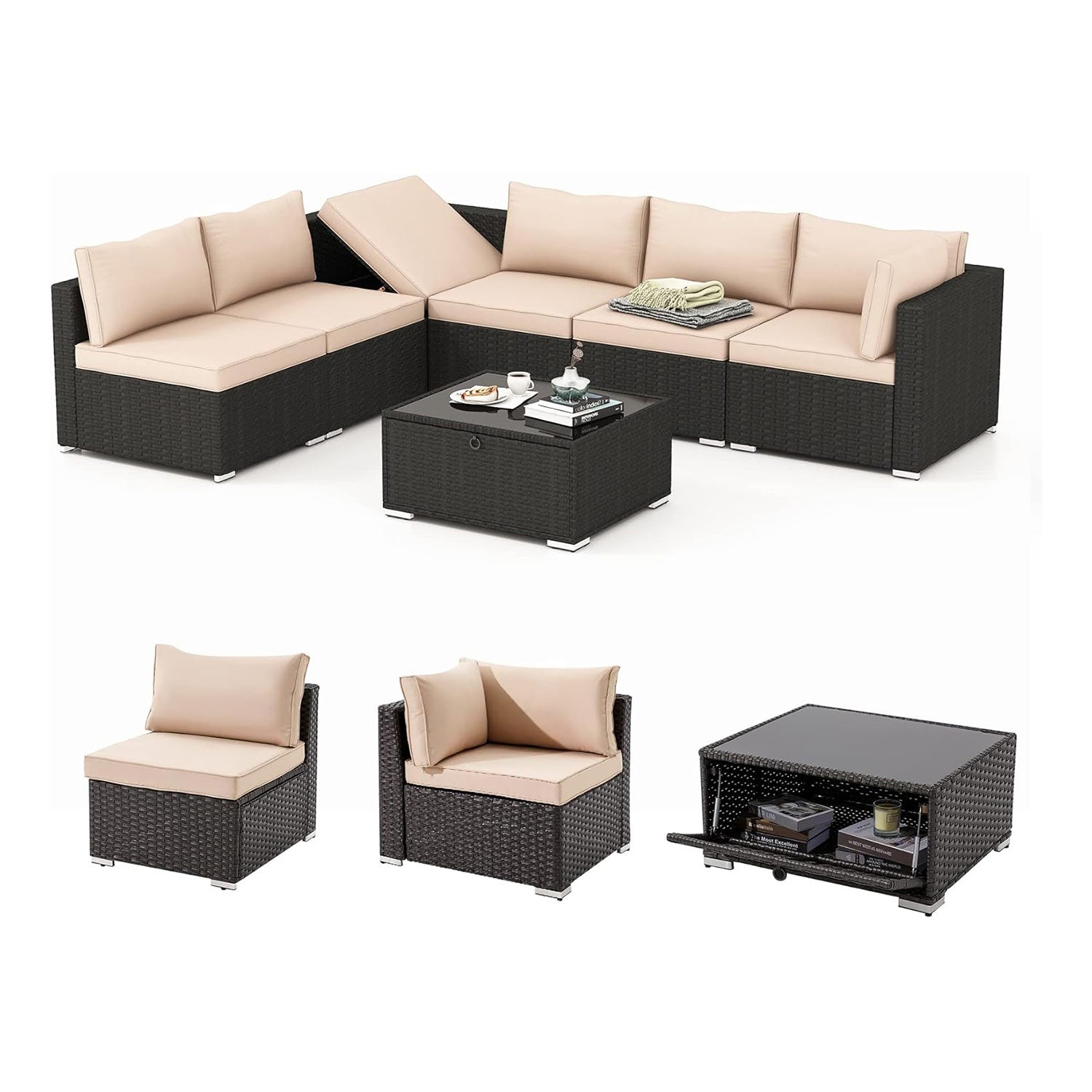 7 Pcs Outdoor Rattan Furniture Set with Coffee Table for Porch, Garden and Poolside, Khaki | Homrest Furniture