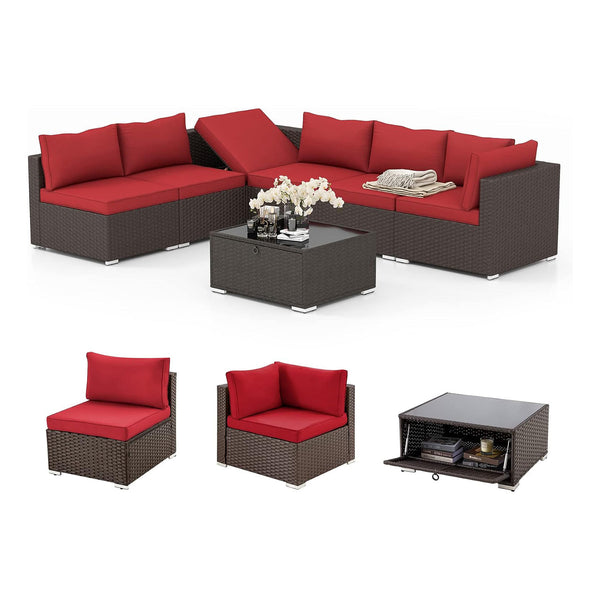 7 Pcs Outdoor Rattan Furniture Set with Coffee Table for Porch, Garden and Poolside, Wine Red | Homrest Furniture