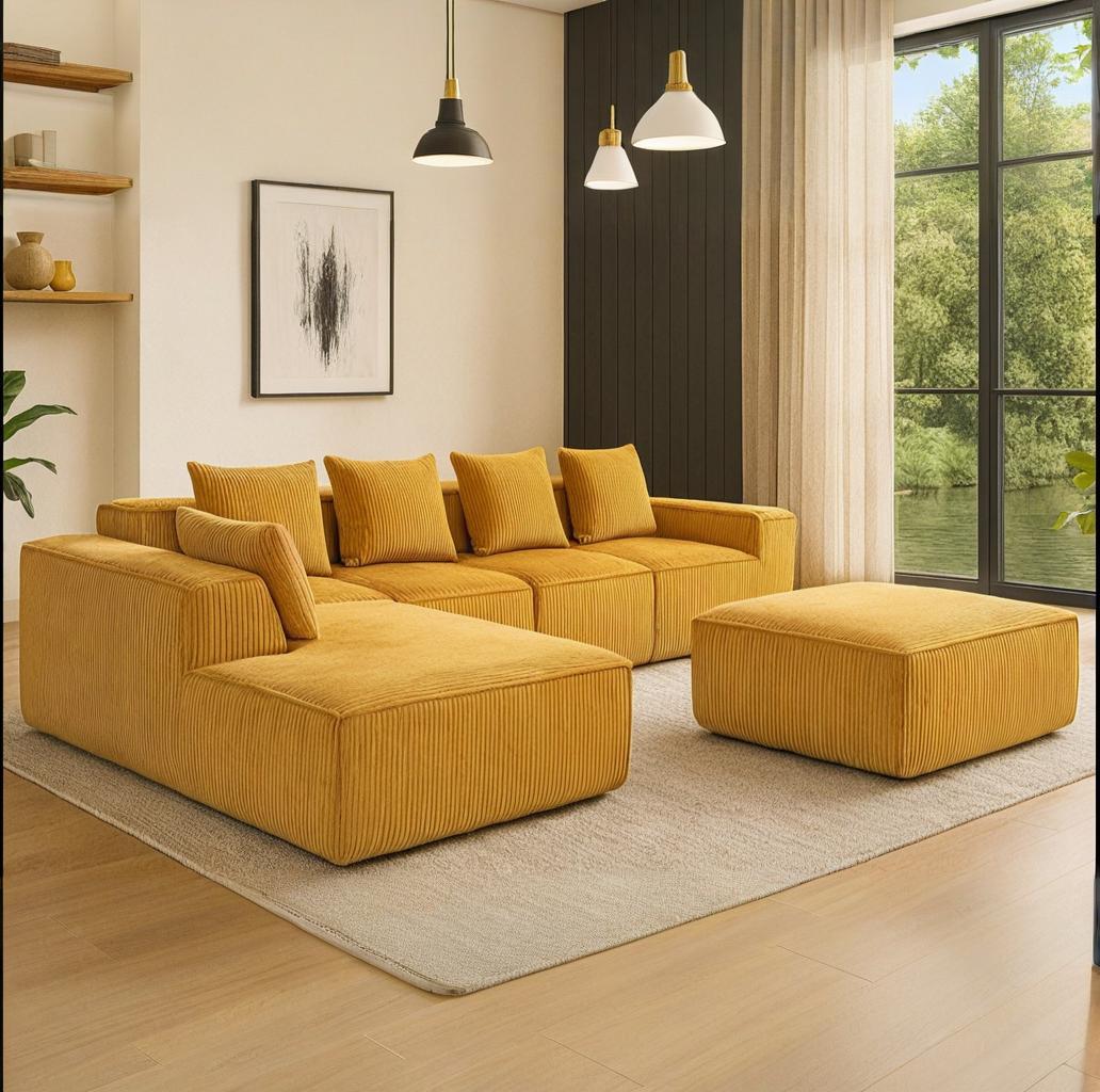 HOMREST 5-Seat Modular Sofa, Corduroy Lounge Couch with Free Combination Design and Throw Pillows, Orange