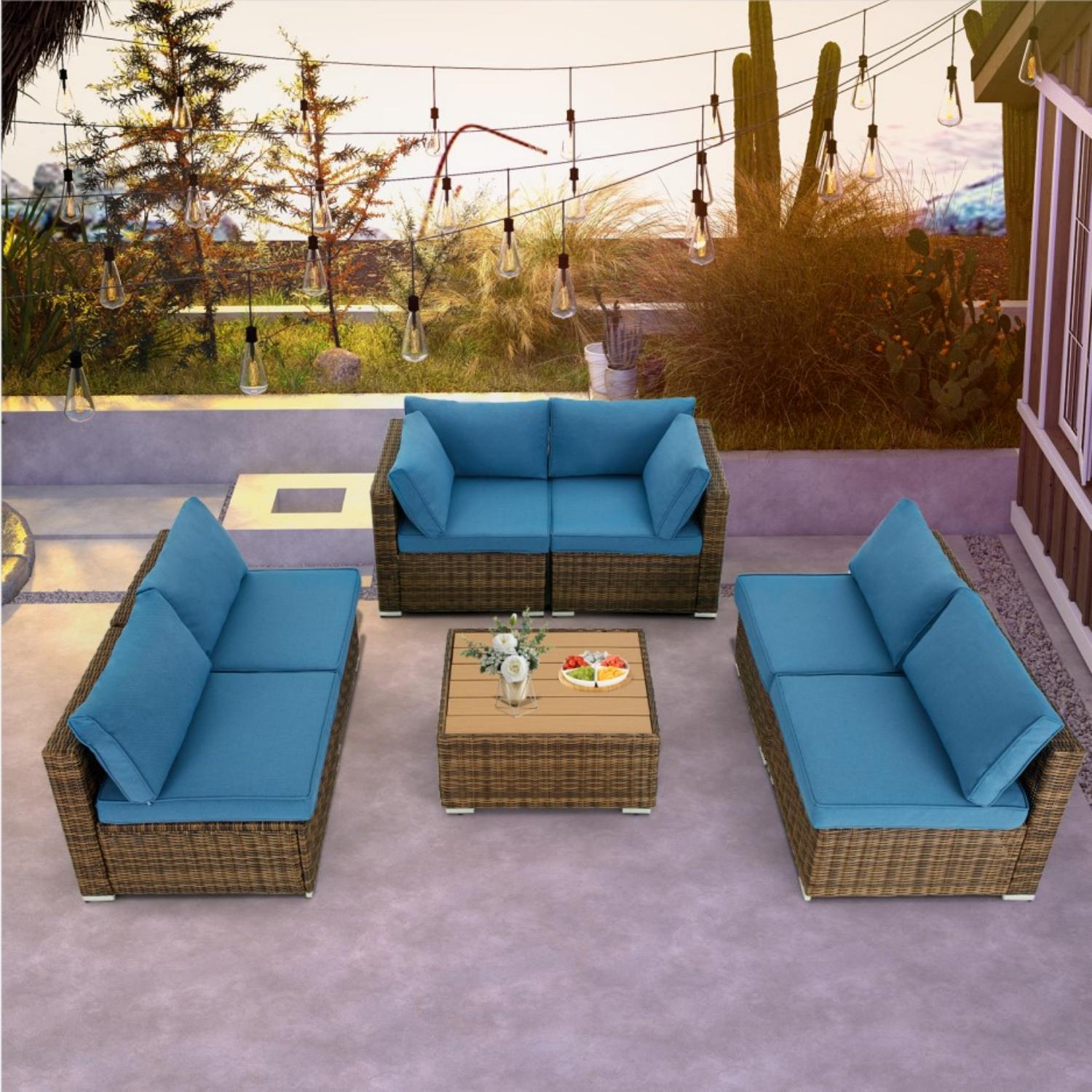 Homrest 7 pieces outdoor rattan sectional set, blue