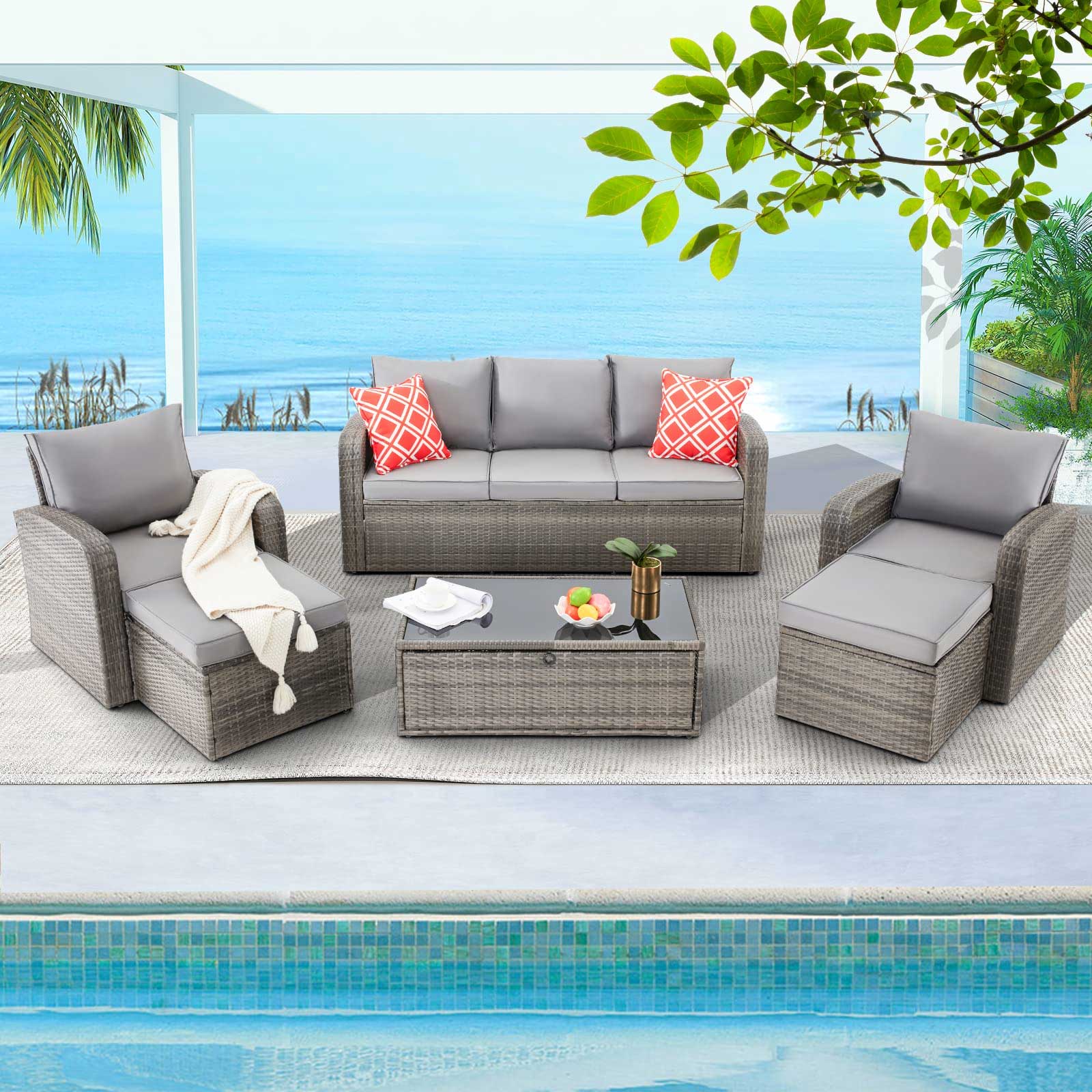 Homrest 6 pcs patio furnture set with coffee table and ottomans, gray