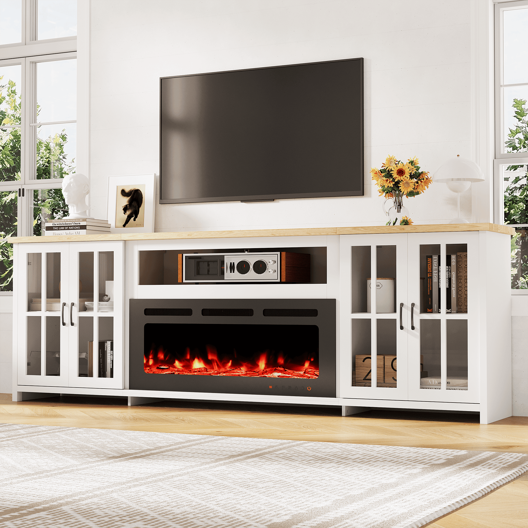 HOMREST 97 Inch Fireplace TV Stand with 42" Electric Fireplace, Fireplace Entertainment Center Media Console, Long TV Stand for Living Room, Television Stands for 100 Inch TV, White
