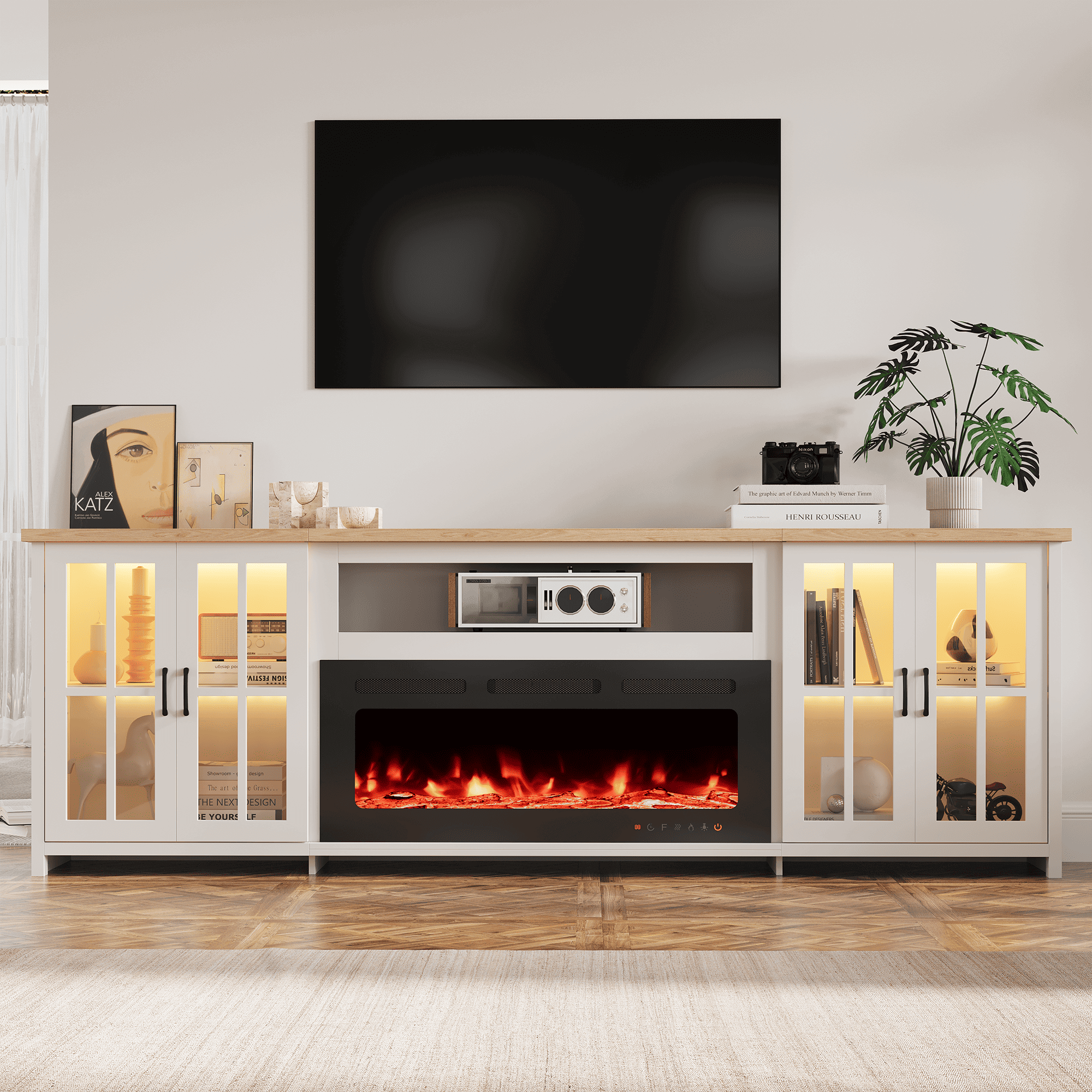 HOMREST 97 Inch Fireplace TV Stand with 42" Electric Fireplace, Fireplace Entertainment Center Media Console, Long TV Stand for Living Room, Television Stands for 100 Inch TV, White