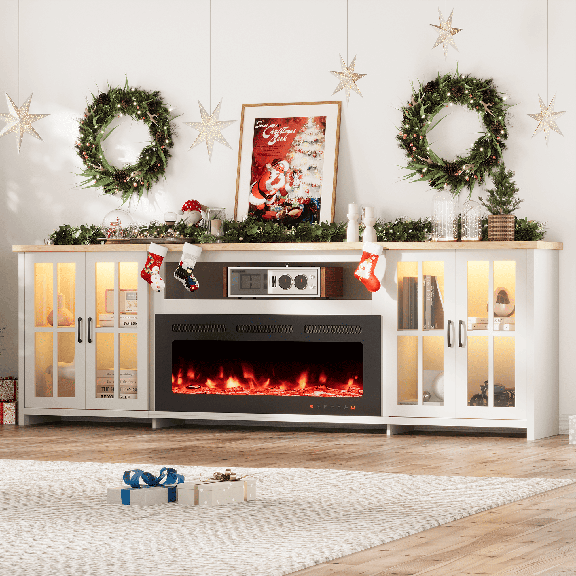 HOMREST 97 Inch Fireplace TV Stand with 42" Electric Fireplace, Fireplace Entertainment Center Media Console, Long TV Stand for Living Room, Television Stands for 100 Inch TV, White