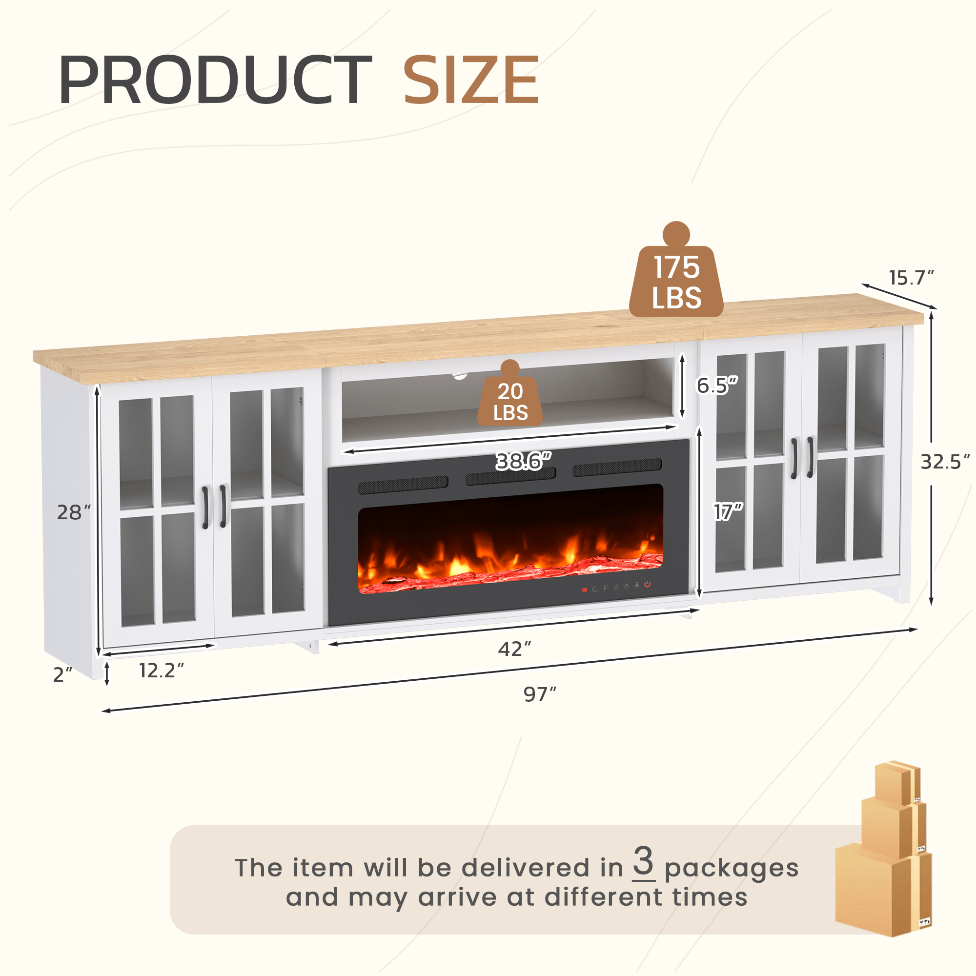 HOMREST 97 Inch Fireplace TV Stand with 42" Electric Fireplace, Fireplace Entertainment Center Media Console, Long TV Stand for Living Room, Television Stands for 100 Inch TV, White