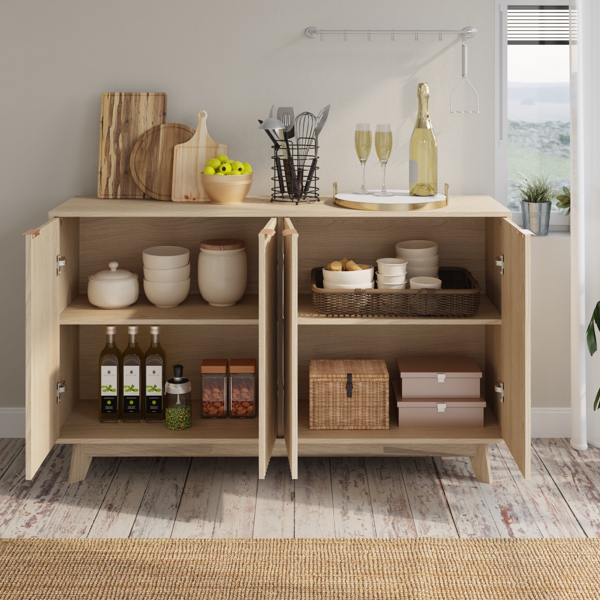 HOMREST Fluted Storage Cabinet, Modern Accent Buffet Cabinet with Double Doors and Adjustable Shelves for Living Room, Kitchen