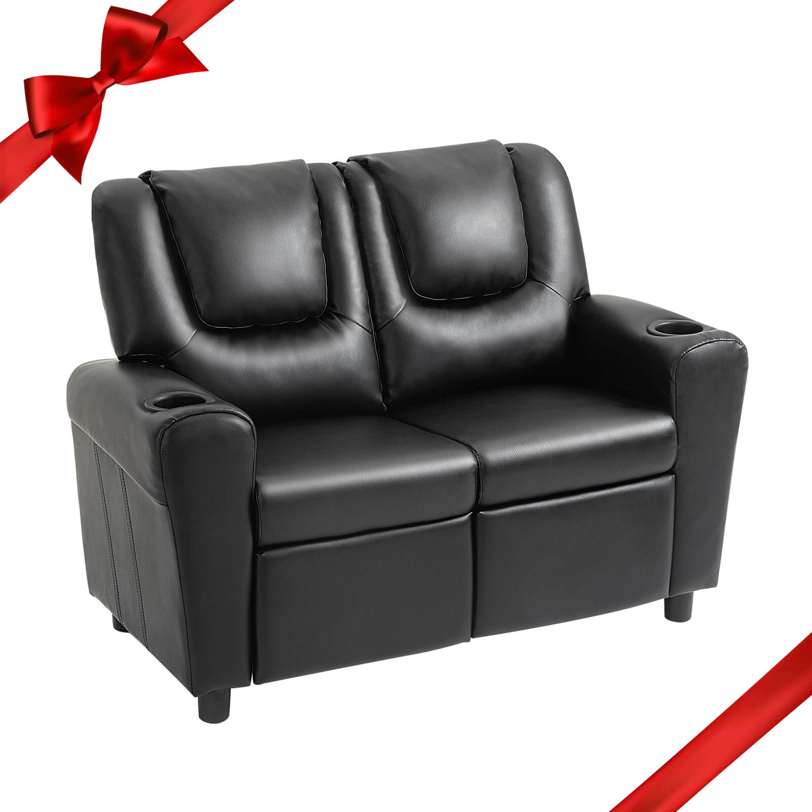 HOMREST Kids Recliner Chair, Double Kids Sofa Chair w/Cup Holder PU Leather, Toddler Loveseat Couch w/Adjustable Footrest & Headres for Boys Girls 3+ Age Group, Classic Black