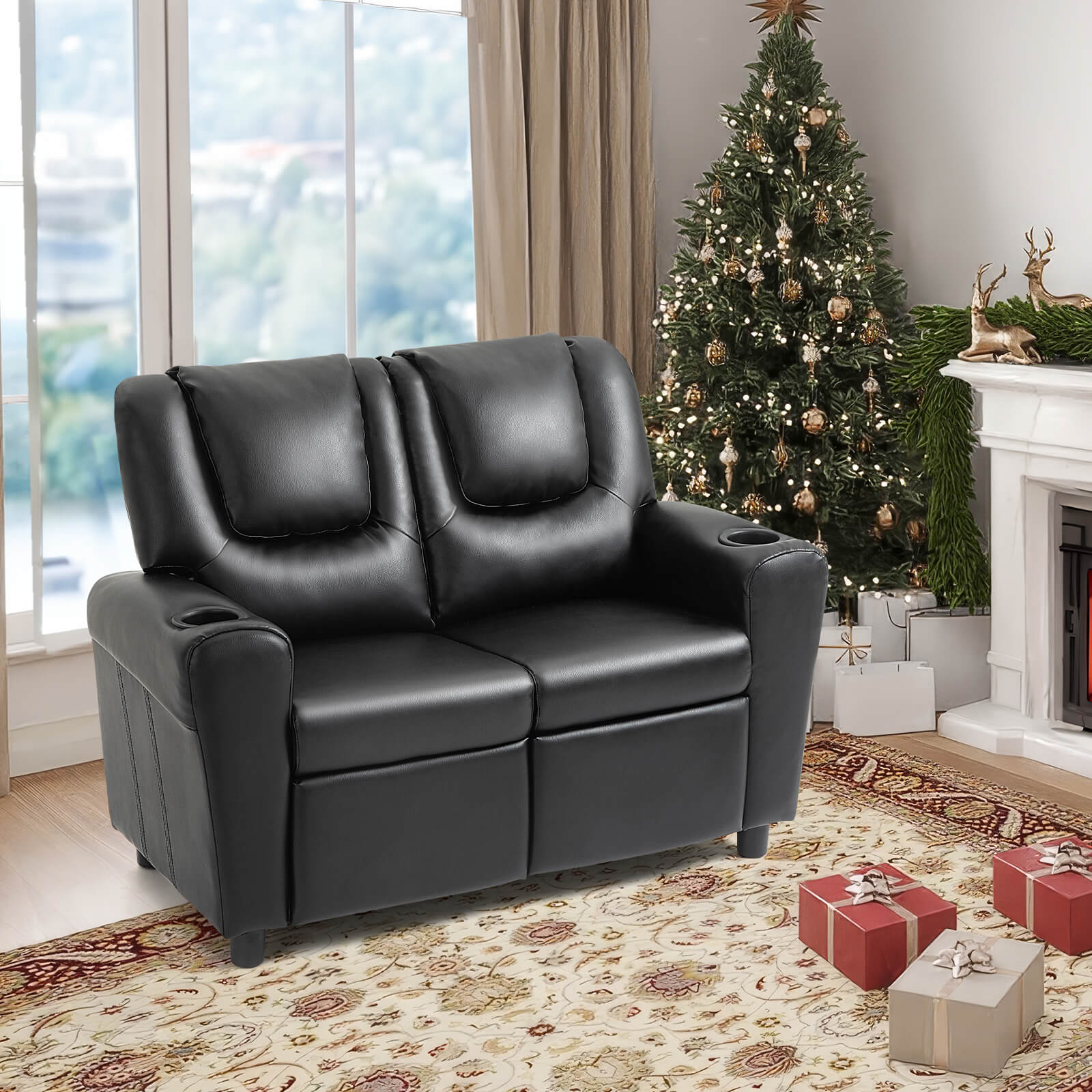 HOMREST Kids Recliner Chair, Double Kids Sofa Chair w/Cup Holder PU Leather, Toddler Loveseat Couch w/Adjustable Footrest & Headres for Boys Girls 3+ Age Group, Classic Black