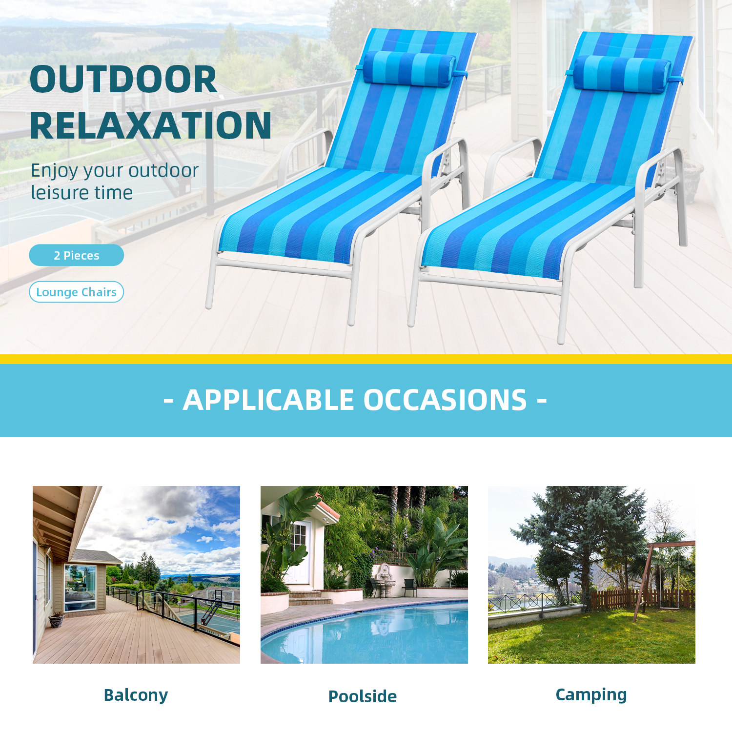 HOMREST Set of 2 Patio Chaise Lounges with Adjustable Backrest, Blue