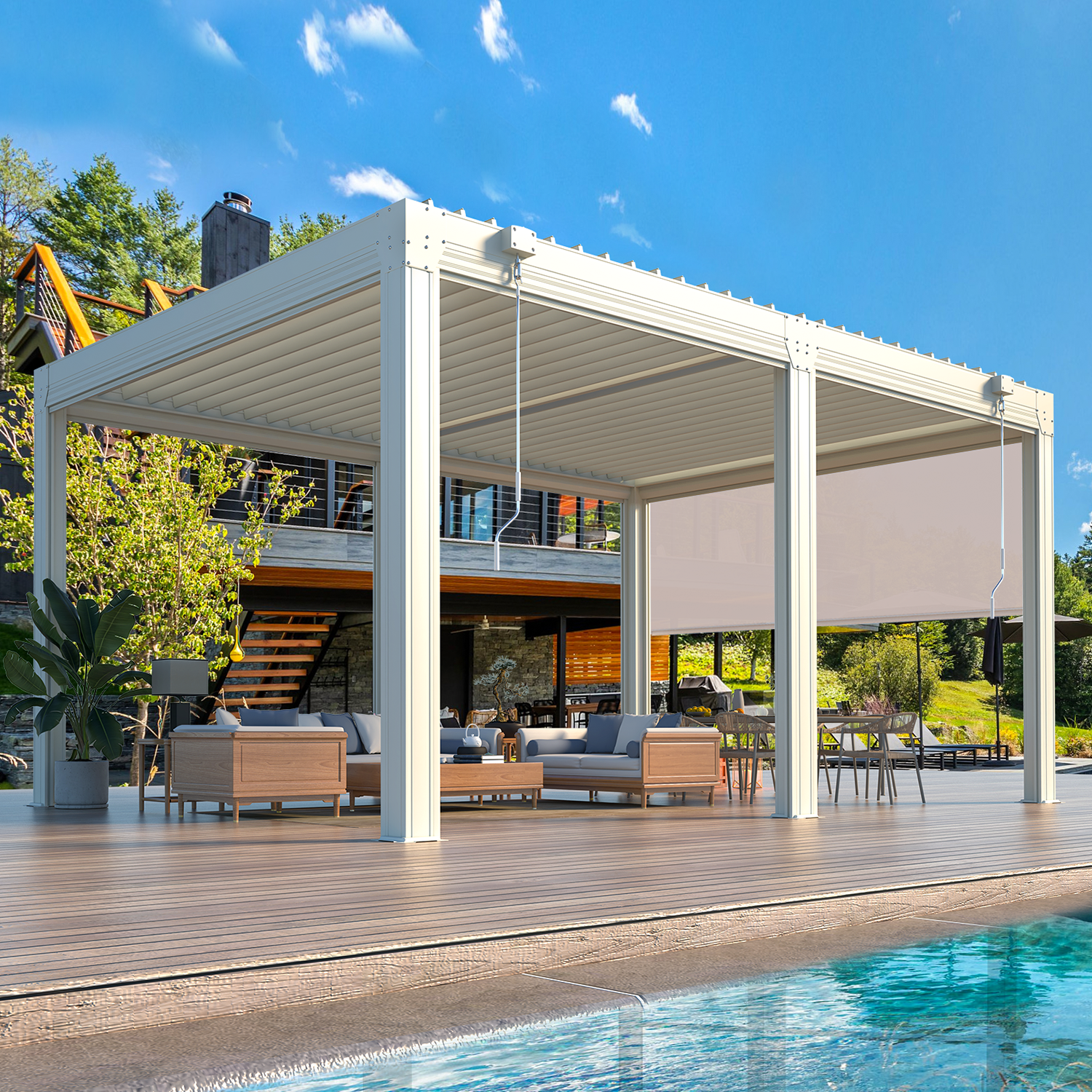 HOMREST 12x16ft Louvered Pergola with 6-Panel Pull-Down Screen, White